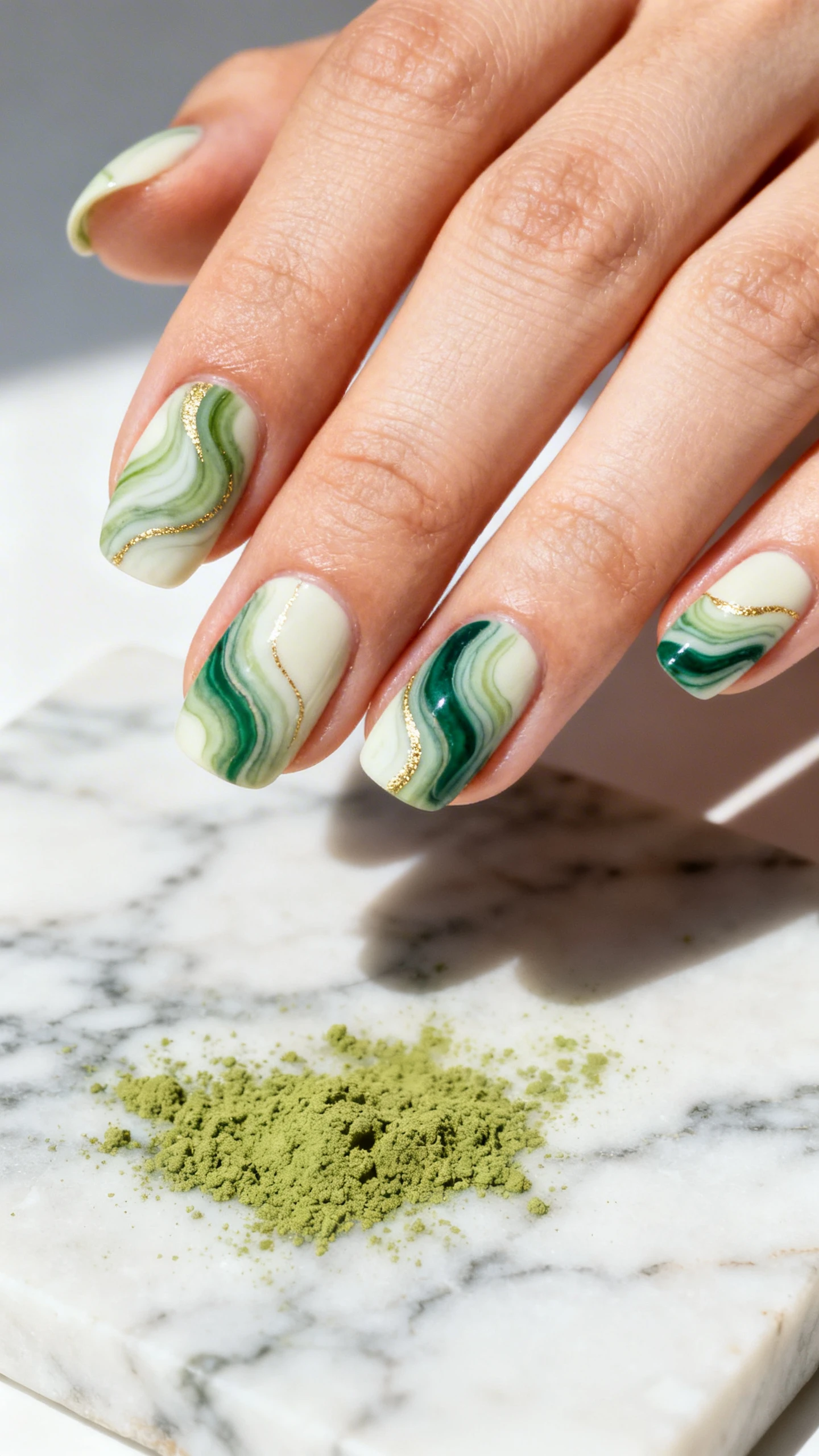 Macro photo of one hand featuring creamy off-white nails marbled with layered ribbons of matcha green, sage, and deep emerald; soft-edged, fluid swirls with occasional fine metallic gold veining that follows the curves; each nail shows a unique swirl pattern; coverage varies nail to nail for a natural stone effect; high-resolution, sharp focus; aesthetic background: marble slab with matcha powder softly dusted; soft daylight with gentle shadows; no faces, only the hand and nails.