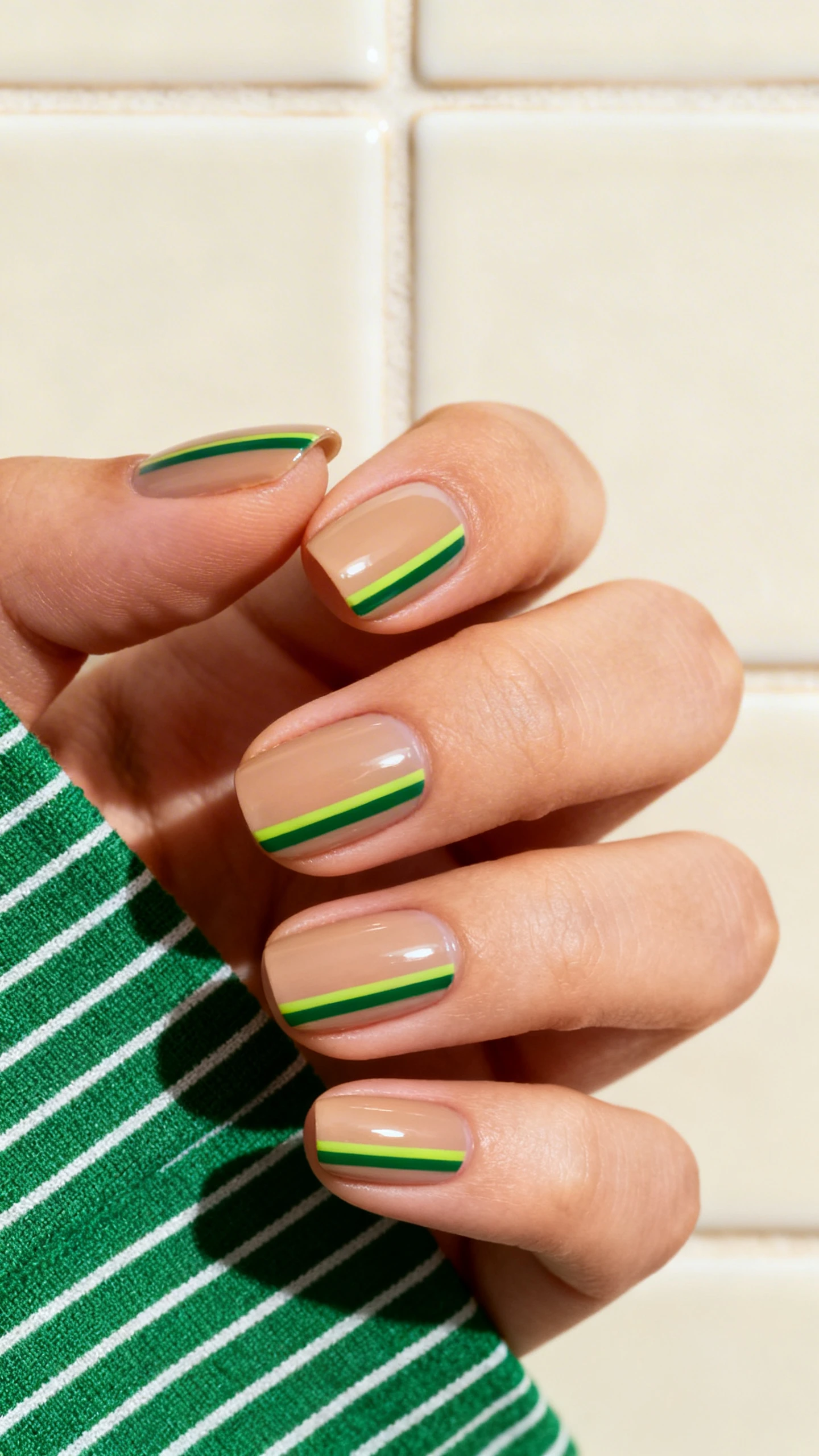 Macro photo of one hand featuring “Linear Lucky Stripes”: neutral sheer tan/beige base; on each nail, one slim vertical hunter green stripe placed slightly off-center toward the inner edge, paired with a thinner lime stripe running parallel 2–3 mm away; ultra-clean lines, glossy finish, medium squoval; background: minimal graphic scene with a cream ceramic tile and a green-striped textile for a linear echo; high-resolution, nails in tack-sharp focus, contemporary editorial lighting, no faces.