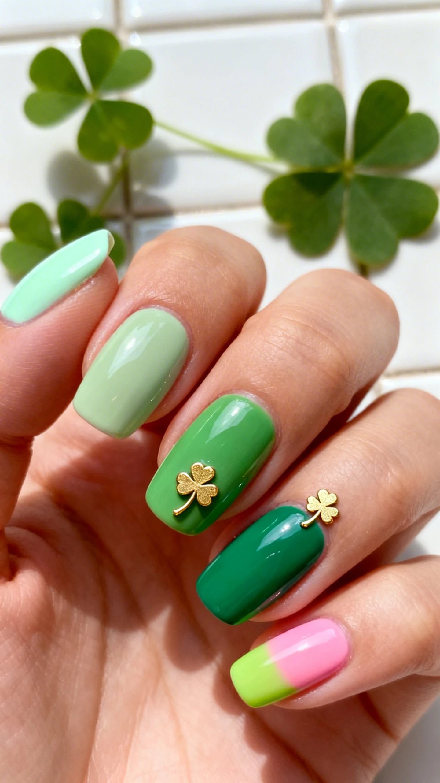 Macro photo of one hand in a five-tone Skittles green palette over a sheer milky cream wash: thumb pale mint, index soft sage, middle kelly green, ring rich emerald, pinky lime. On the middle and ring fingers, a tiny micro shamrock near the cuticle in metallic gold with a delicate stem. High-resolution detail capturing even gloss and smooth color transitions. Background: blurred clover leaves and a white ceramic tile for a clean, fresh feel. Modern, natural light. No faces, only the hand and nails.