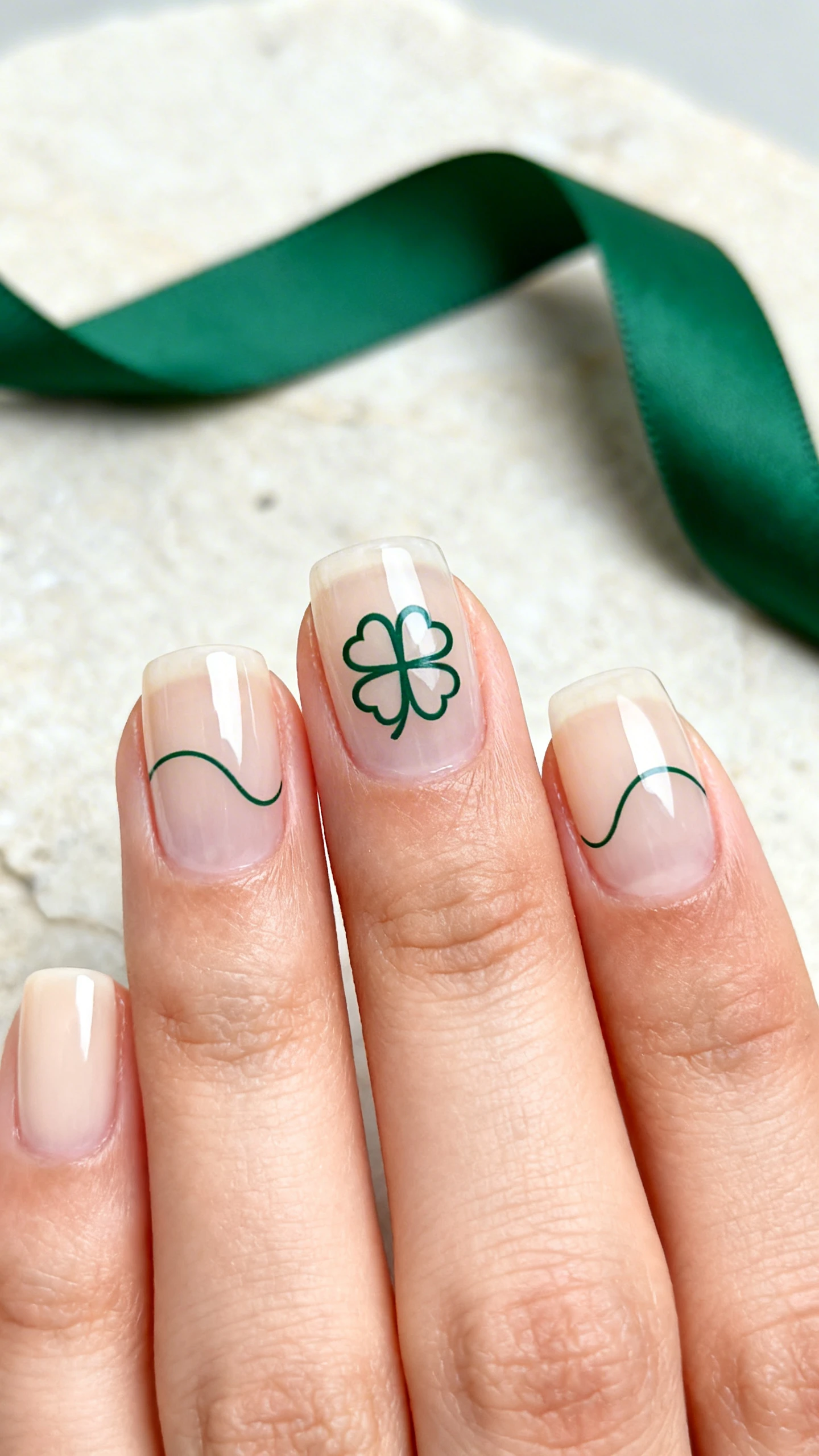 Macro photo of one hand showcasing “Modern Clover Negative Space”: clear or whisper-sheer beige base, a single minimal clover outlined in ultrafine deep forest green on the middle finger (four rounded heart-like lobes with open negative space inside each lobe); add two supporting ultra-thin negative-space line accents on two additional nails (subtle arcs or partial frames), keeping the rest bare and glossy; short squoval shape; background: pale stone surface with a single green ribbon softly out of focus; high-resolution, sharp focus on nail art, editorial lighting, no faces.