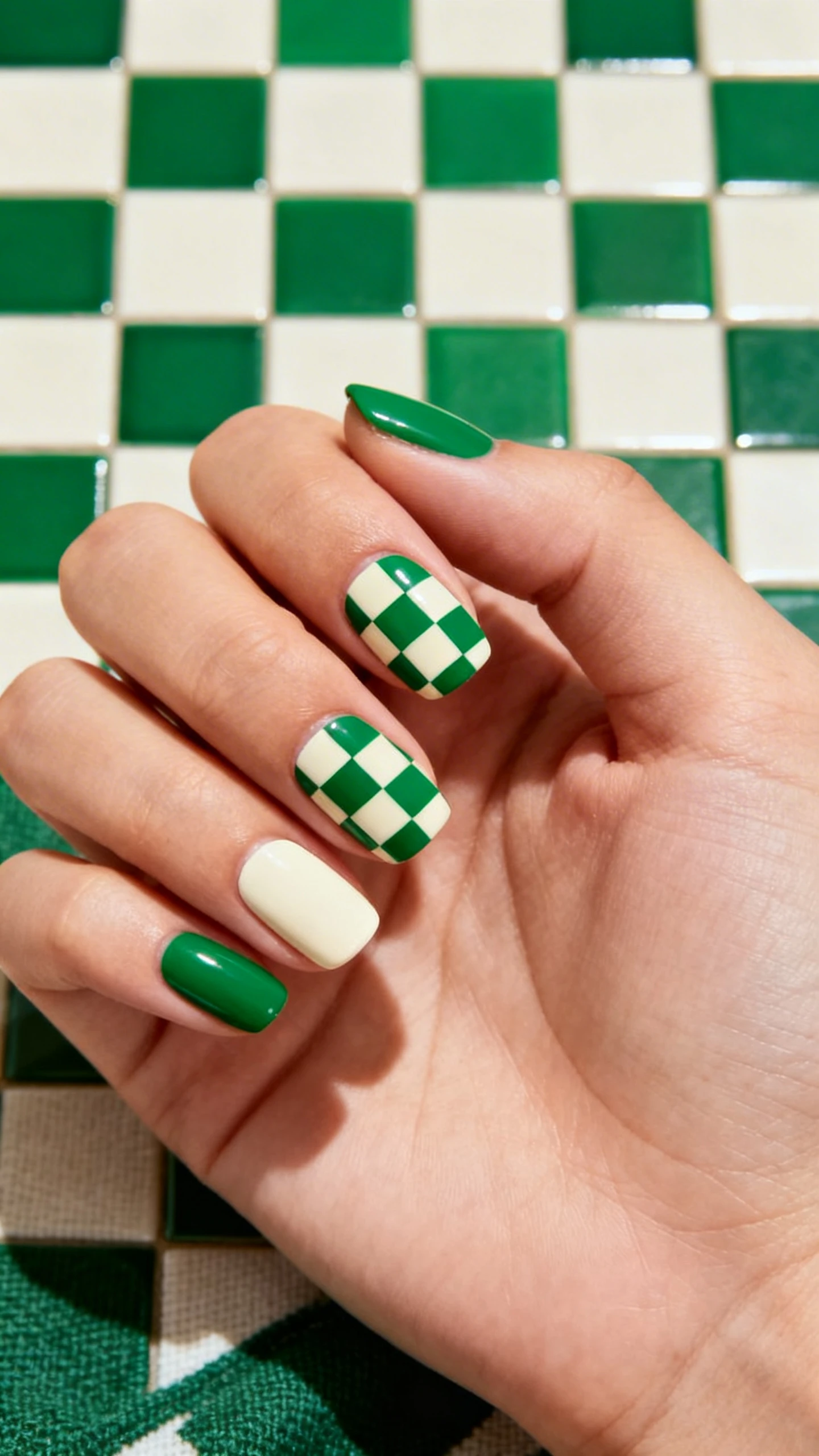 Macro photo of one hand where 1–2 accent nails (index and/or ring) have a clean checkerboard of alternating emerald green and cream squares, each square 3–4 mm, full-nail grid with crisp edges; remaining nails are solid emerald green, with the middle finger in solid cream for contrast; high-resolution, precise geometry; aesthetic background: chessboard pattern fabric or a green-and-cream tiled surface; bright, modern editorial lighting; no faces, only the hand and nails.