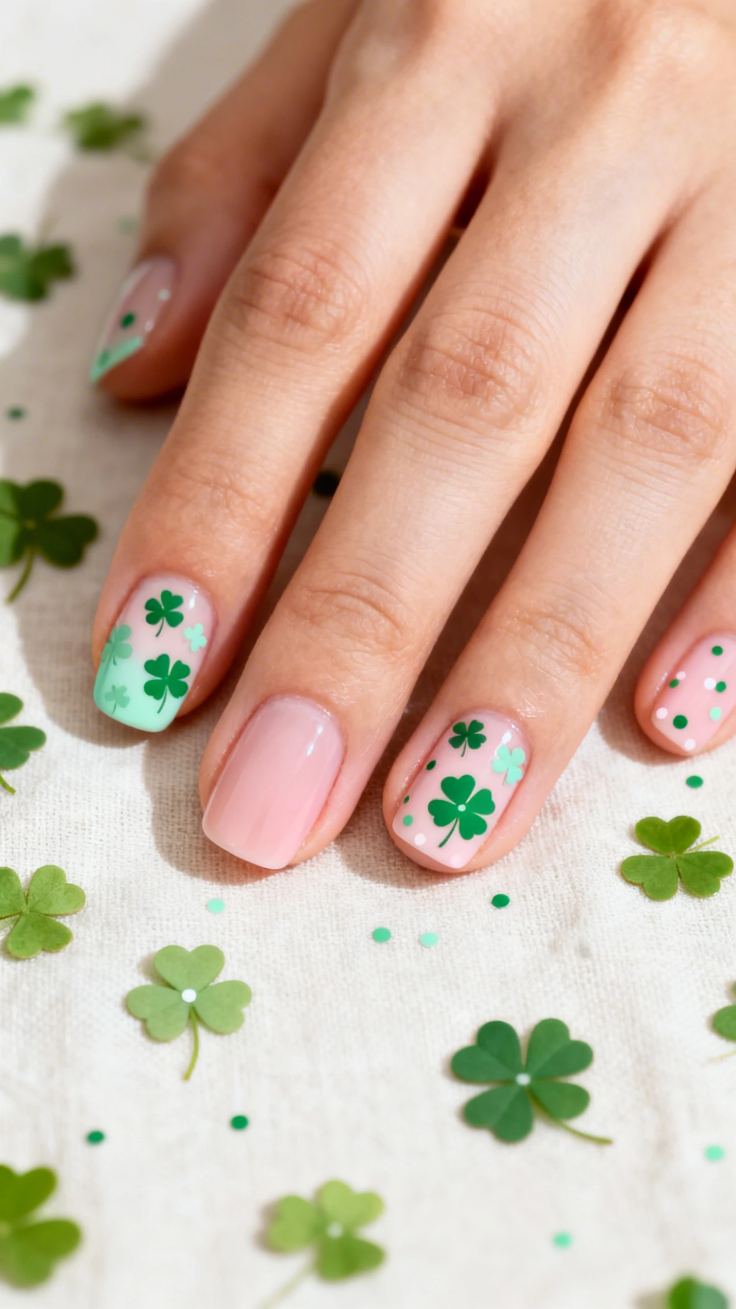 Macro photo of one hand with a soft, semi-sheer pink-beige base; 2–3 accent nails scattered with tiny four-leaf clovers painted in pastel mint and medium shamrock green, each clover made of four heart-shaped leaves with a tiny negative-space dot center; non-accent nails feature miniature confetti dots in the same two greens, sparsely placed; high-resolution, crisp detail; aesthetic background: pale linen with sprinkled faux clover leaves; clean, bright editorial lighting; no faces, only the hand and nails.