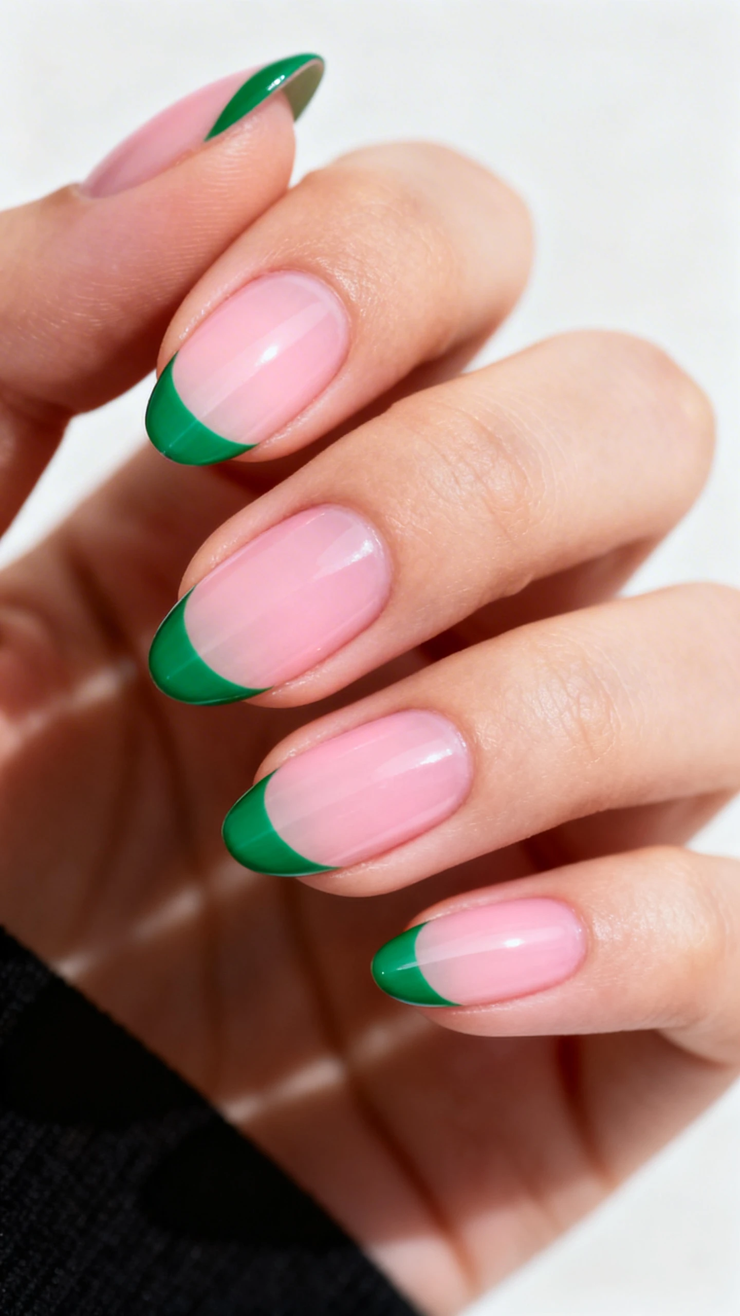 Macro photo of one hand with ballerina-shaped nails, sheer pink base, ultra-fine emerald green French tips 1–