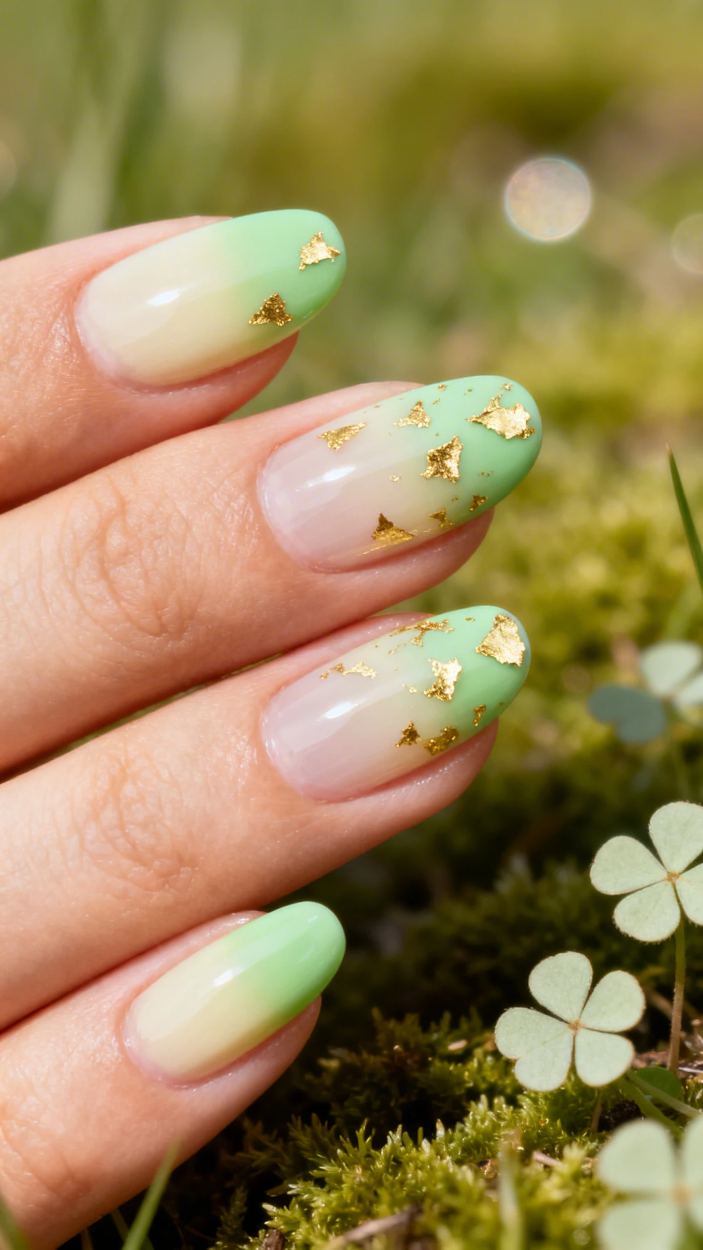 Macro photo of one hand with “Gold-Flecked Meadow Tips”: sheer cream wash base, soft green ombré at the free edge blended upward one-third of the nail in pale pistachio; tiny irregular gold leaf flecks sparsely scattered where the gradient meets the sheer base; ultra-glossy topcoat, medium almond shape; background: blurred meadow-like texture—soft moss and pale clover leaves—subtle bokeh; high-resolution, sharp focus on gradient and gold texture, modern Instagram style, no faces.