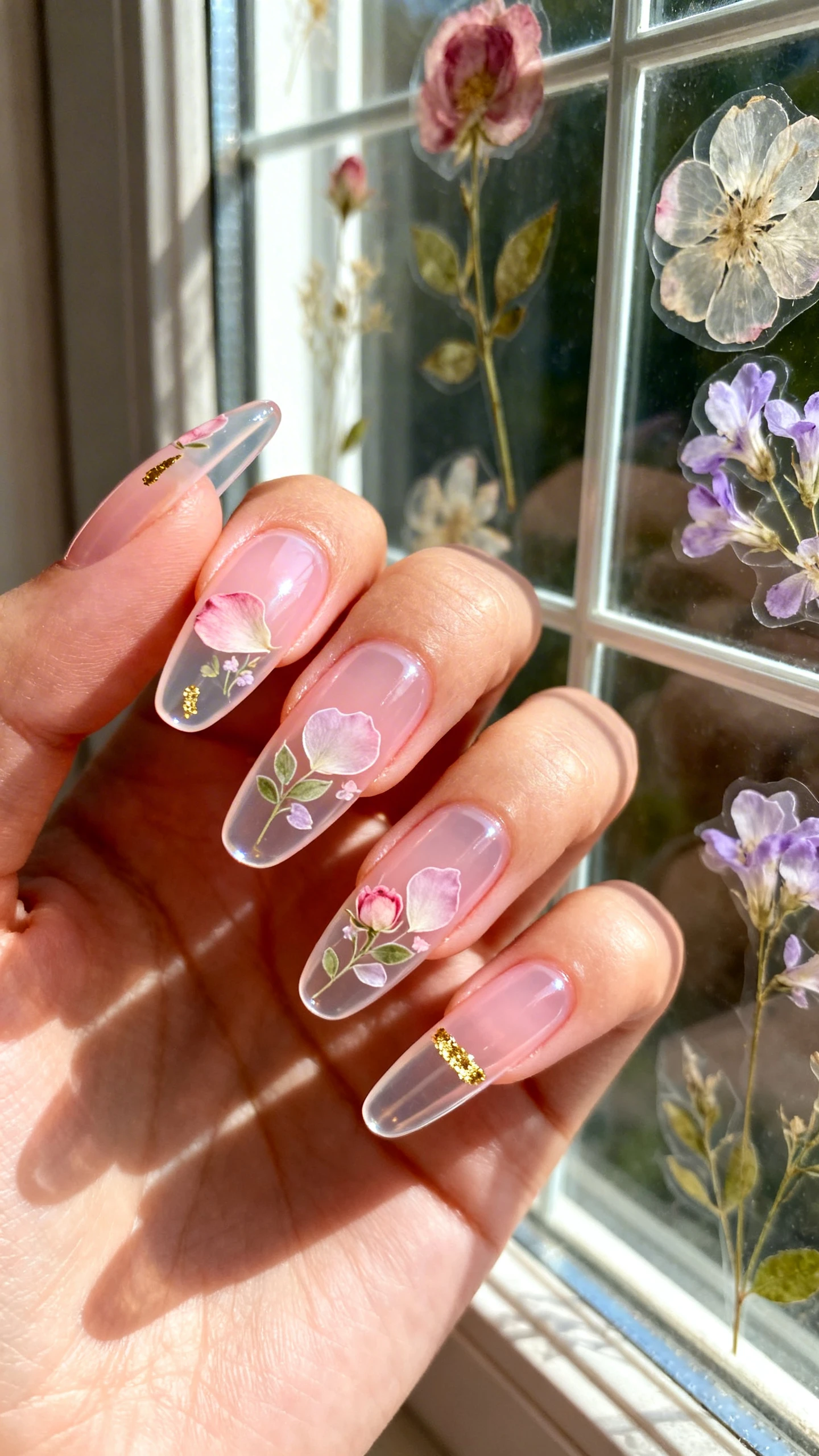 Macro photo of one hand with long almond or medium coffin nails; ultra-sheer neutral/milky pink jelly base with high clarity; layered translucent stickers—rose petals, pale lilac blossoms, tiny leaf sprigs—concentrated toward the free edges, cuticles left more transparent; a single gold foil sliver or two near one sidewall for luxe sparkle; jelly-glass shine; background: sunlit window with pressed flowers and glass panes creating soft reflections; high-resolution, razor-sharp focus capturing depth through the jelly layers, modern aesthetic, no face, only the hand.