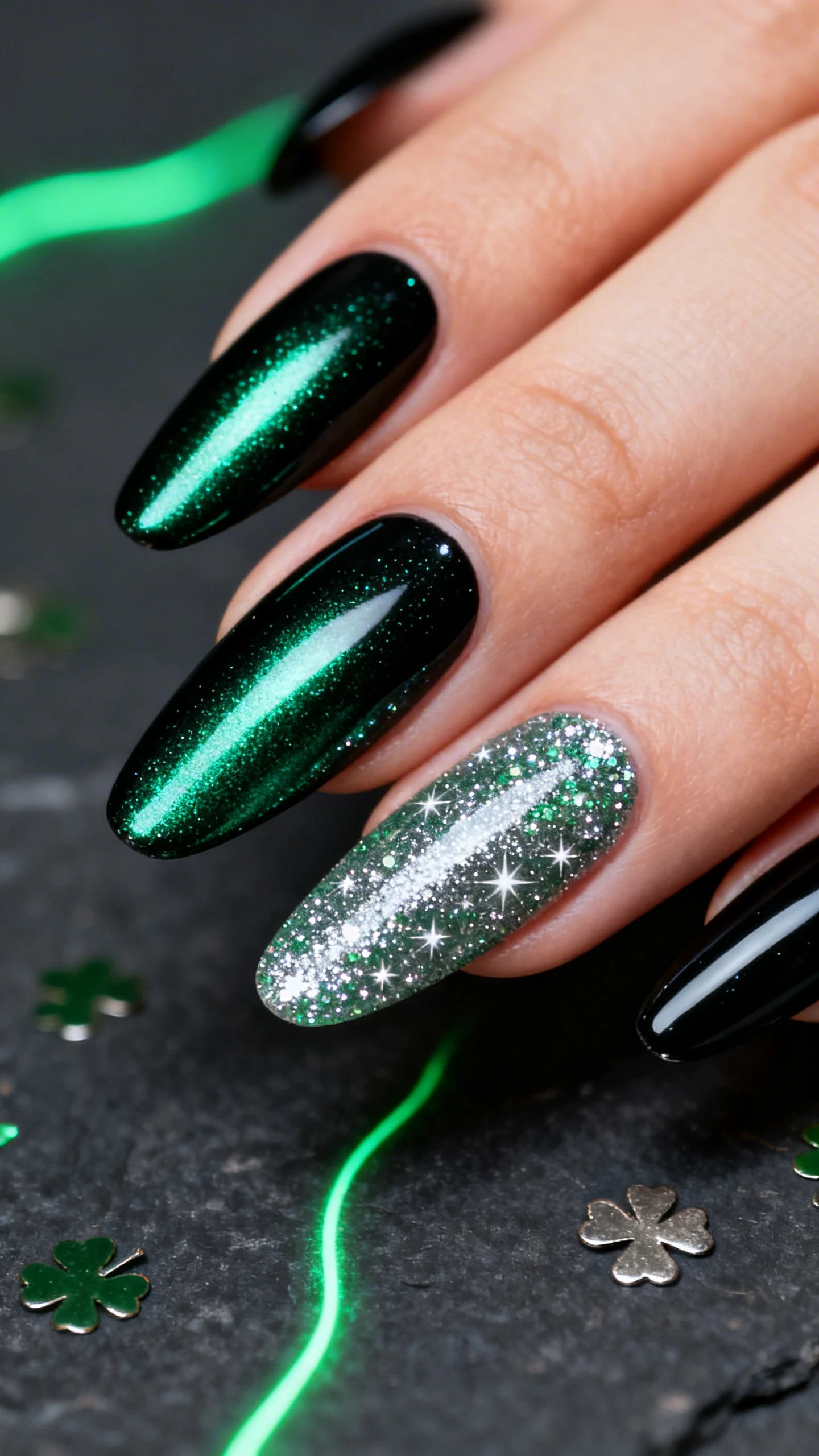 Macro photo of one hand with medium almond/coffin nails, black gel base topped with cool-toned emerald green chrome powder for a full mirror finish, sealed with gel top coat; one ultra-thin layer of stardust-style glitter top coat featuring ultra-fine silver and pale-green micro-glitter dispersed evenly for a starry sky effect, high-gloss reflection. High-resolution, sharp focus. Background: dark slate with subtle green neon light accents and tiny metallic shamrock confetti softly blurred. Sleek, high-contrast Instagram aesthetic; no faces, only the hand and nails.