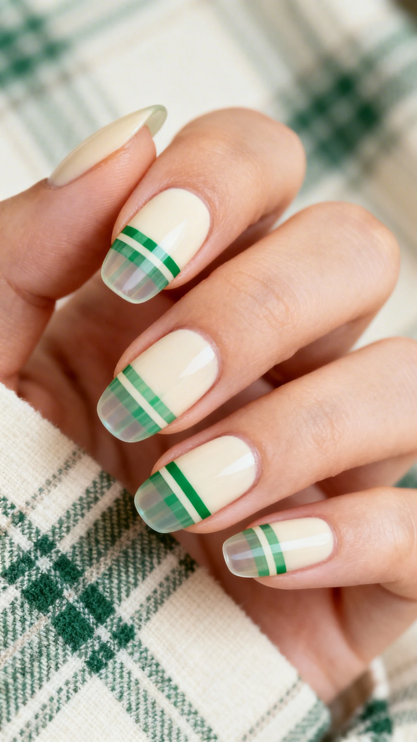 Macro photo of one hand with medium almond nails, soft opaque cream base; translucent emerald green plaid created by two vertical stripes (one thicker near center, one thinner near sidewall) and two horizontal stripes (one thin just above midline, one ultra-thin near the tip); slightly soft stripe edges for a chic, airy look; ultra-sharp detail to capture the overlapping transparencies; background: blurred tartan-textured fabric in neutral ivory and green tones; clean, editorial lighting; Instagram-ready composition, no faces, nails centered.