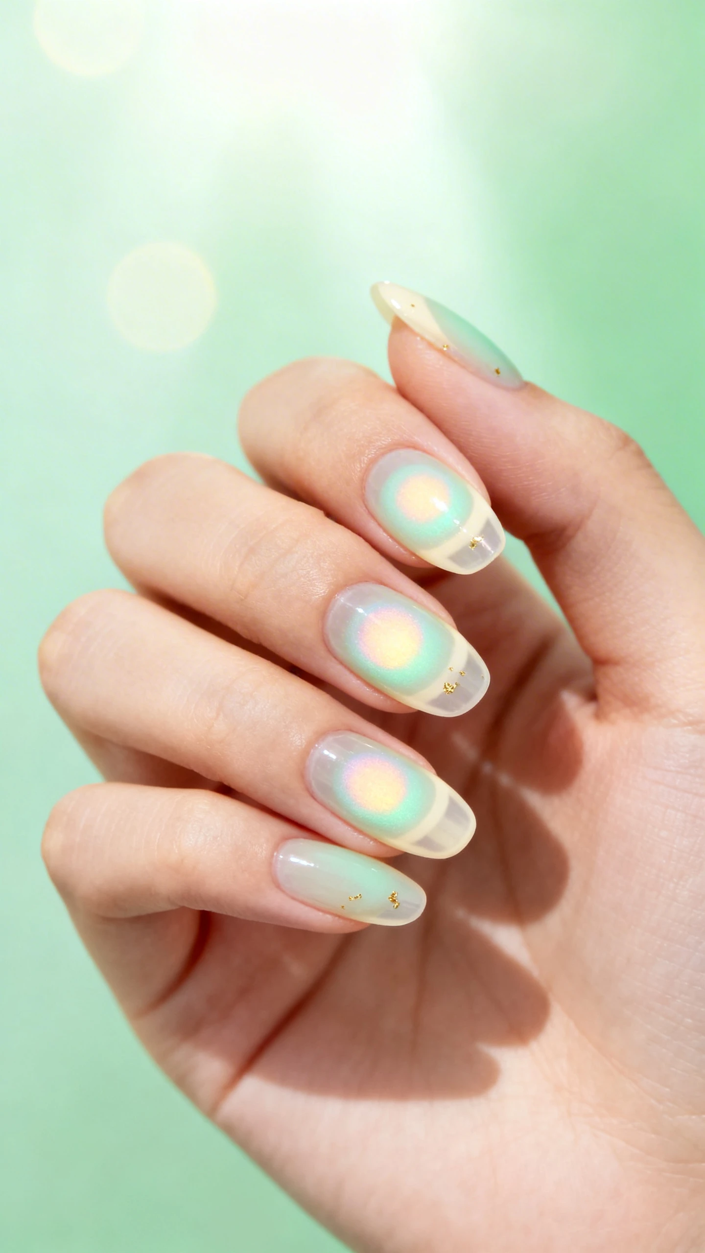 Macro photo of one hand with medium almond nails, semi-gloss finish. Translucent cream wash base. Centered aura glow on each nail: soft lime halo blending into pastel mint, fading out to translucent cream edges. Sparse metallic gold flecks near the center drifting slightly toward the cuticle; ultra-tiny and delicate. High-resolution, sharp focus. Background: ethereal pale green gradient with soft light flares, minimal and airy. No face, only the hand and nails.