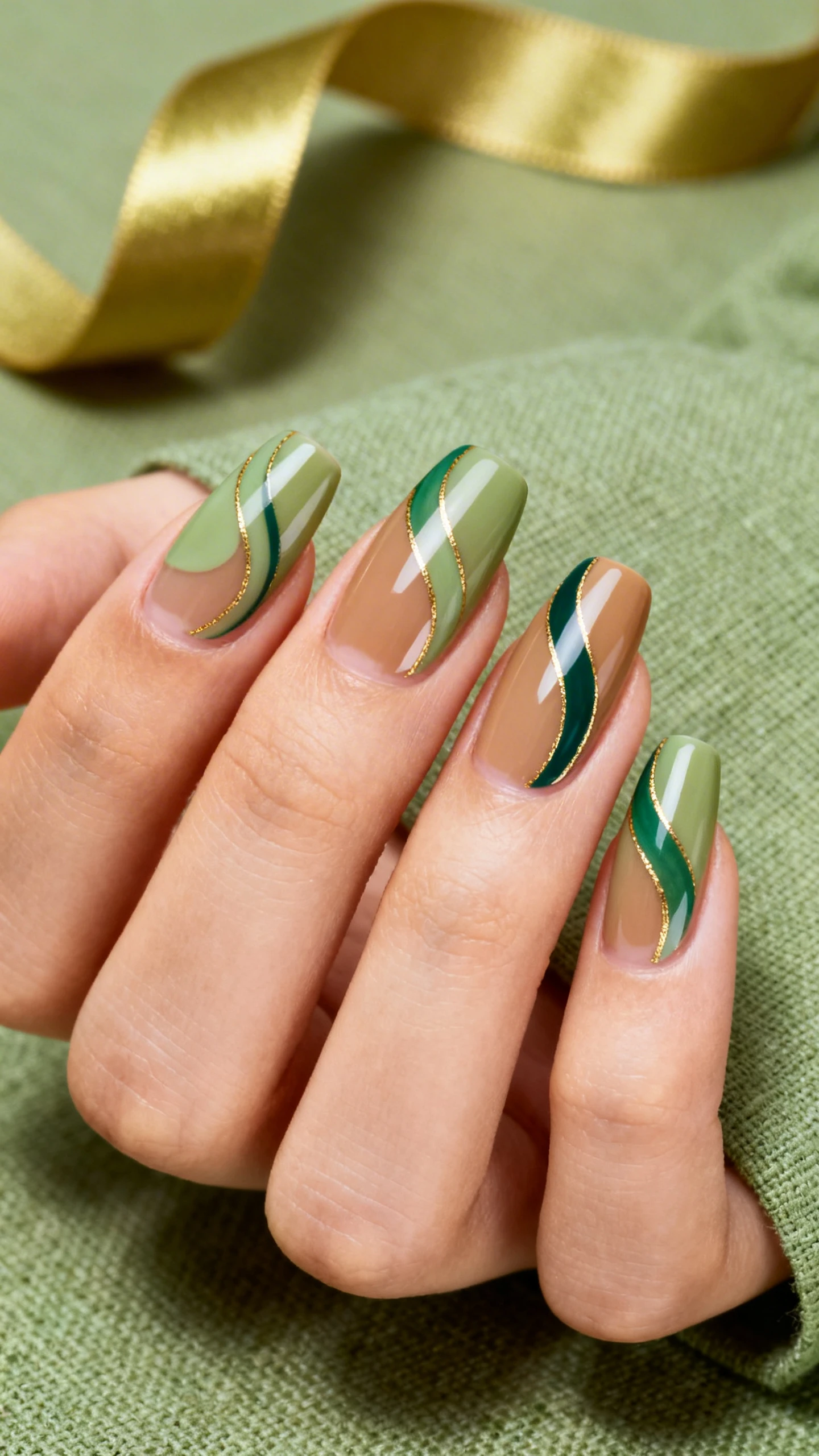 Macro photo of one hand with medium almond nails, glossy finish. Sheer tan base. Flowing swirl accents in soft moss and deep emerald: 1–2 curved ribbons per nail starting near one sidewall and arcing diagonally toward the free edge without crossing. Add ultra-thin metallic gold accent lines tracing parts of the ribbons. High-resolution, sharp focus. Background: textured linen in soft moss with a gold ribbon loosely coiled out of focus. Contemporary, Instagram-ready lighting. No face, only the hand and nails.