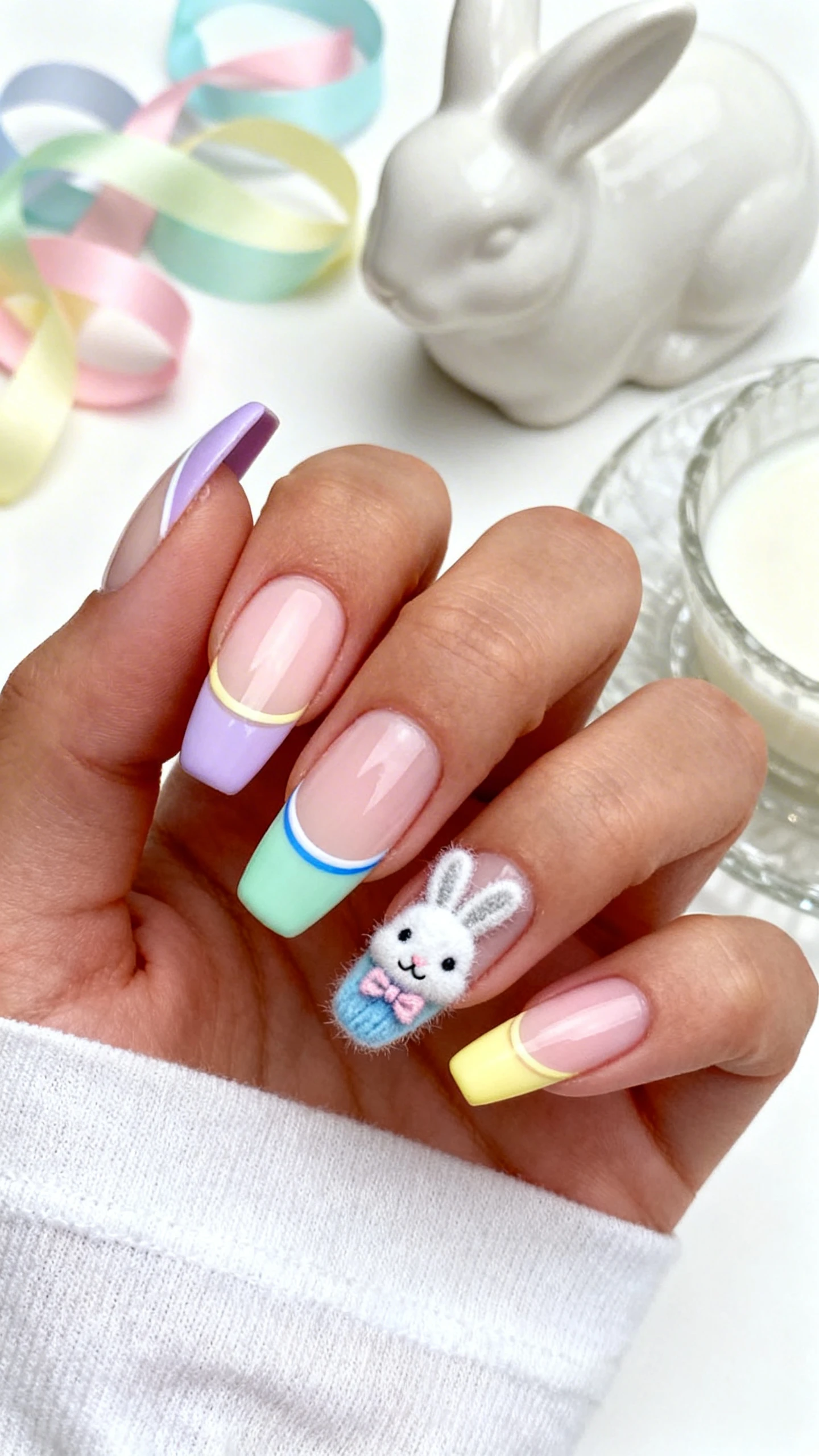 Macro photo of one hand with medium almond nails featuring a soft, semi-sheer milky pink/cream base over a ridge-filling base coat, plus crisp, slim pastel French tips. Tips alternate lavender, mint, sky blue, and butter yellow with razor-clean smile lines. Two accent nails (ring and middle) feature small flocked bunny silhouettes: fuzzy velvet texture in white or soft gray placed near the cuticle or tip, with tiny pastel bow details optional. Finish is soft-touch satin except glossy tips. Background: minimal Easter vignette—matte pastel ribbon, white ceramic bunny figurine, and milk-glass dish. High-resolution, sharp edge definition on French lines and visible flocked texture. No faces, only the hand and nails.