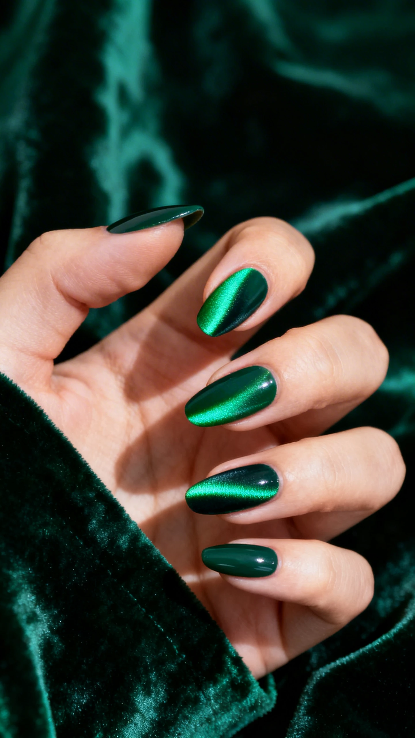 Macro photo of one hand with medium almond nails in an Emerald Velvet Cat-Eye. A thin base coat of deep forest green boosts opacity, topped with 2 coats of emerald cat-eye magnetic gel. The magnet creates a diagonal, luminous velvet stripe that shifts from brighter emerald to inky green as the hand angles. Lighting is directional to capture the cat-eye movement and plush texture. Background: dark velvet fabric in deep green with subtle sheen. High-resolution, sharp focus on nails only; no faces.