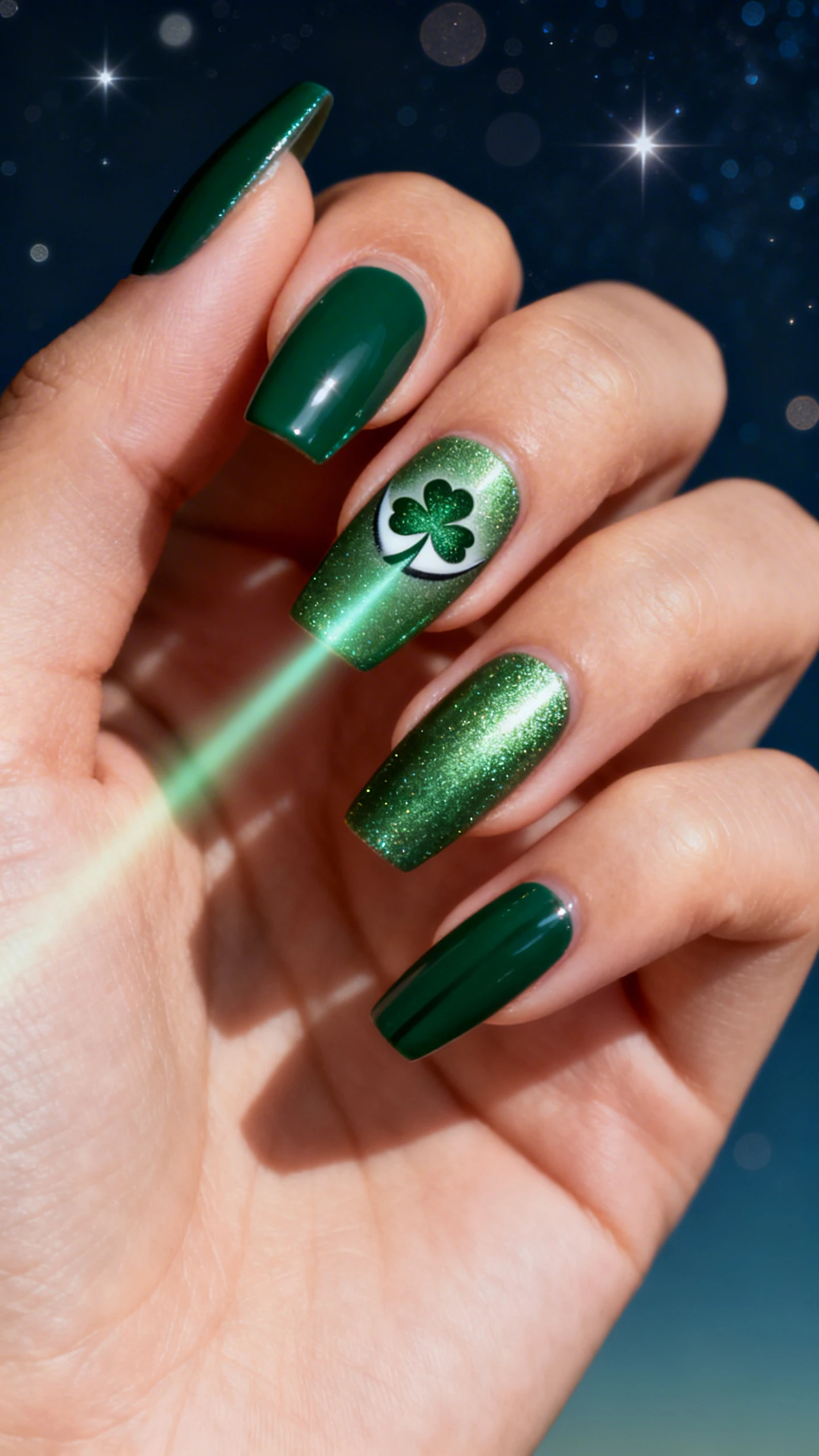 Macro photo of one hand with medium almond/tapered square nails showing a celestial clover cat-eye: one thin coat of deep forest green gel base with two coats of metallic moss-green cat-eye, magnet-pulled into a diagonal beam from upper left to lower right on each nail; high-resolution shimmer detail capturing the shifting light stripe; background of deep night-sky gradient with soft bokeh “starlight” for a cosmic mood; modern, dramatic side lighting to accent the cat-eye effect; no faces, only the hand and nails.