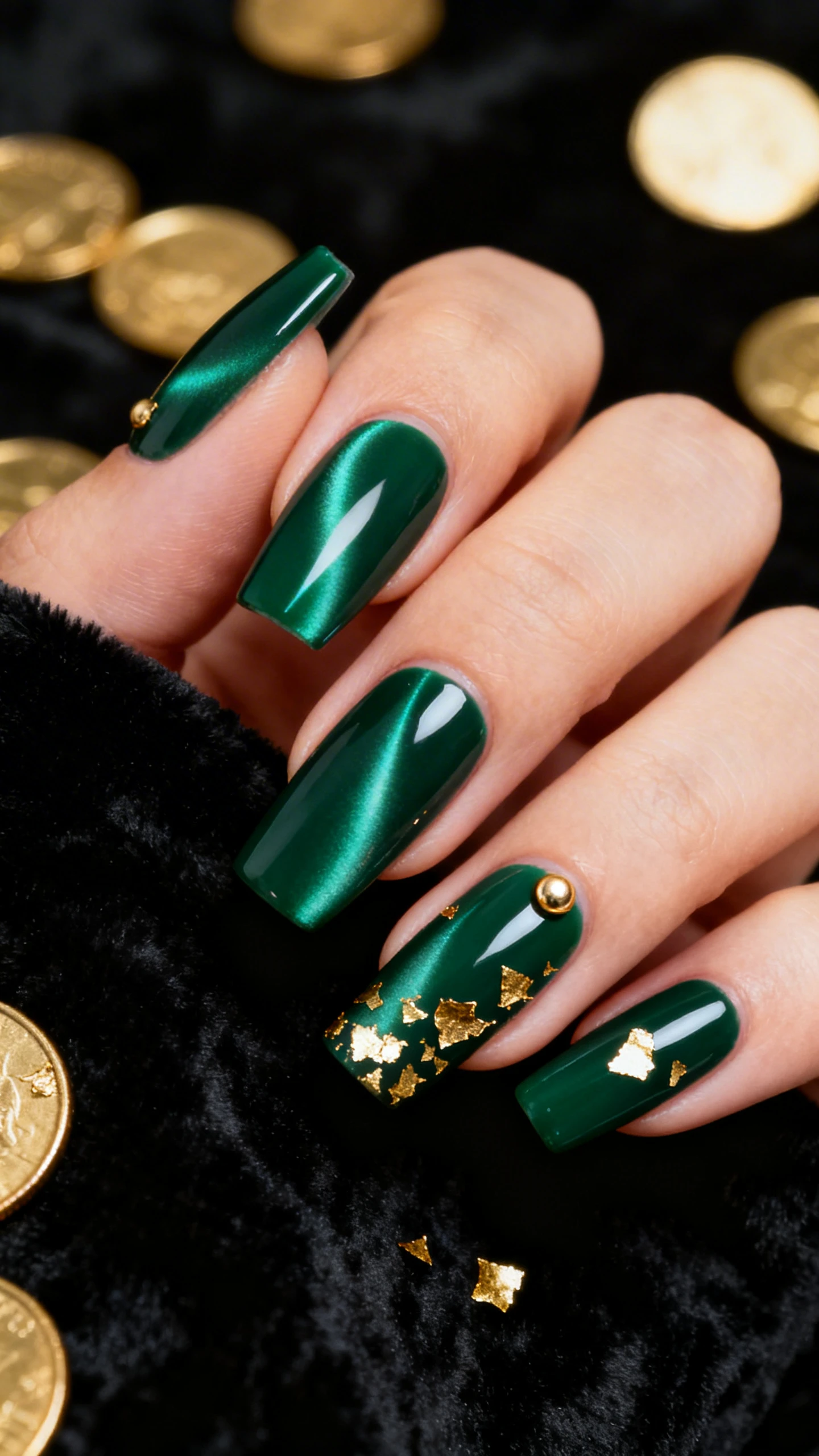 Macro photo of one hand with medium coffin and tapered square nails, Pot o’ Gold Velvet Glam; deep forest green cat-eye gel with a diagonal magnetic beam swirled from top-left to bottom-right on each nail; ring finger and thumb accented with irregular gold foil flakes scattered near the cuticle and trailing slightly along the cat-eye beam; optional small round gold studs near the cuticle on middle finger; ultra-glossy, crisp detail highlighting the velvet cat-eye sheen; background: black velvet with scattered faux gold coins softly out of focus; modern, high-contrast lighting; no face, only the hand and nails.