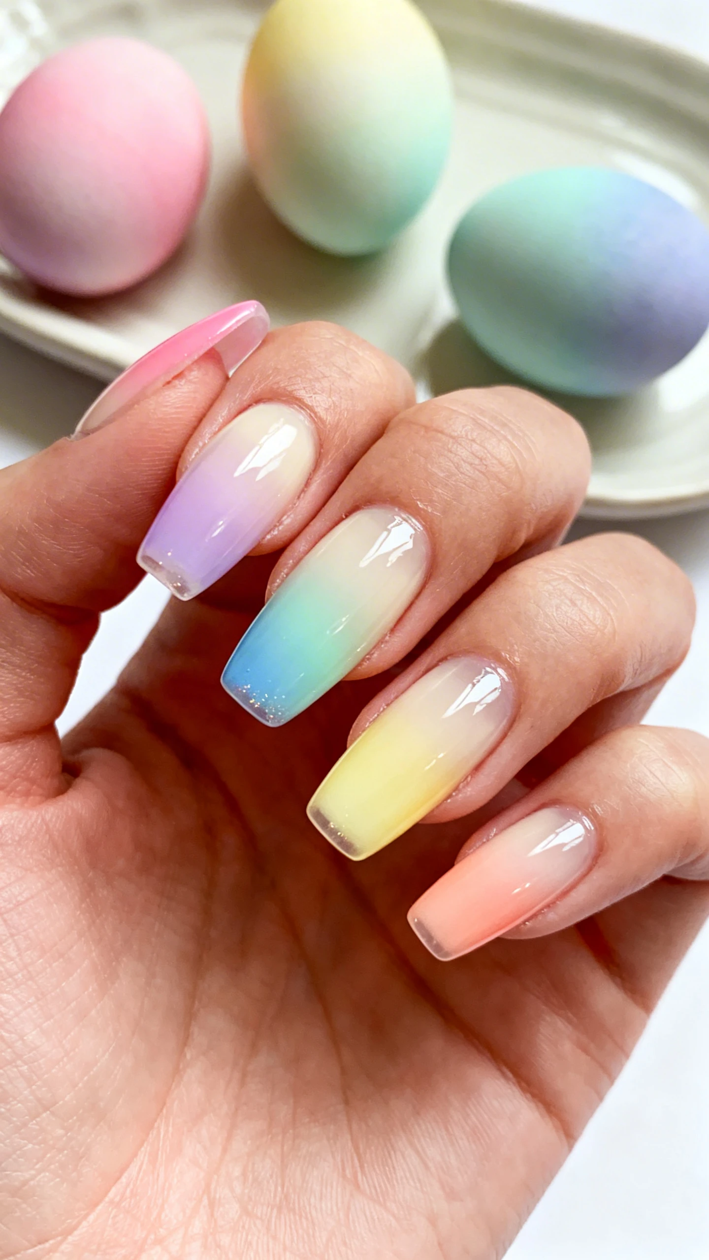 Macro photo of one hand with medium coffin or almond nails, dewy high-gloss finish using a peel-off base for experimentation. Translucent cream/pale beige jelly base under vertical ombrés: pink-to-lavender, mint-to-sky blue, butter yellow-to-peach—two sheer pastels blended per nail. Use sponge diffusion for cloud-soft transitions; edges remain translucent for a gelly-egg look. Optional micro-shimmer glaze for a wet glow. Extra-glossy topcoat, smooth cuticles. Background: softly blurred dyed Easter eggs in coordinating ombré hues on a pale ceramic tray. High-resolution, sharp focus on gradient softness and reflective gloss. No faces, only the hand and nails.