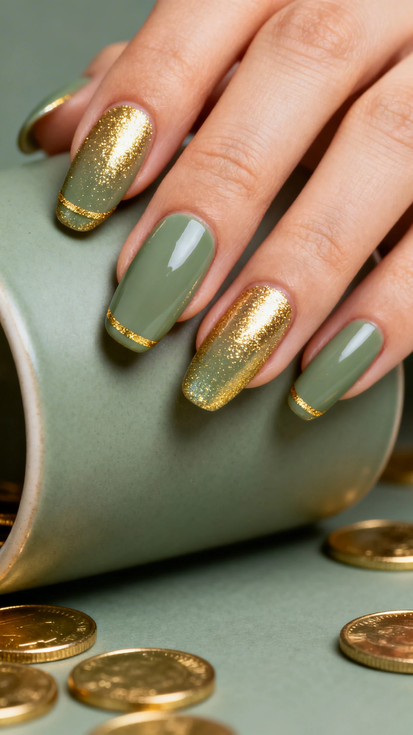 Macro photo of one hand with medium-length almond/ballerina nails, smooth opaque muted sage green cream base; reflective gold glitter top coat applied as aura tips from the free edge down about one-third of the nail, softly blended toward the center with no harsh line; optional ultra-thin gold striping at the very edge for definition. High-resolution, sharp focus on the gradient; background: matte sage ceramic and scattered gold coins softly out of focus to nod to a “pot of gold.” Contemporary, glossy lighting; no faces, only the hand and nails.