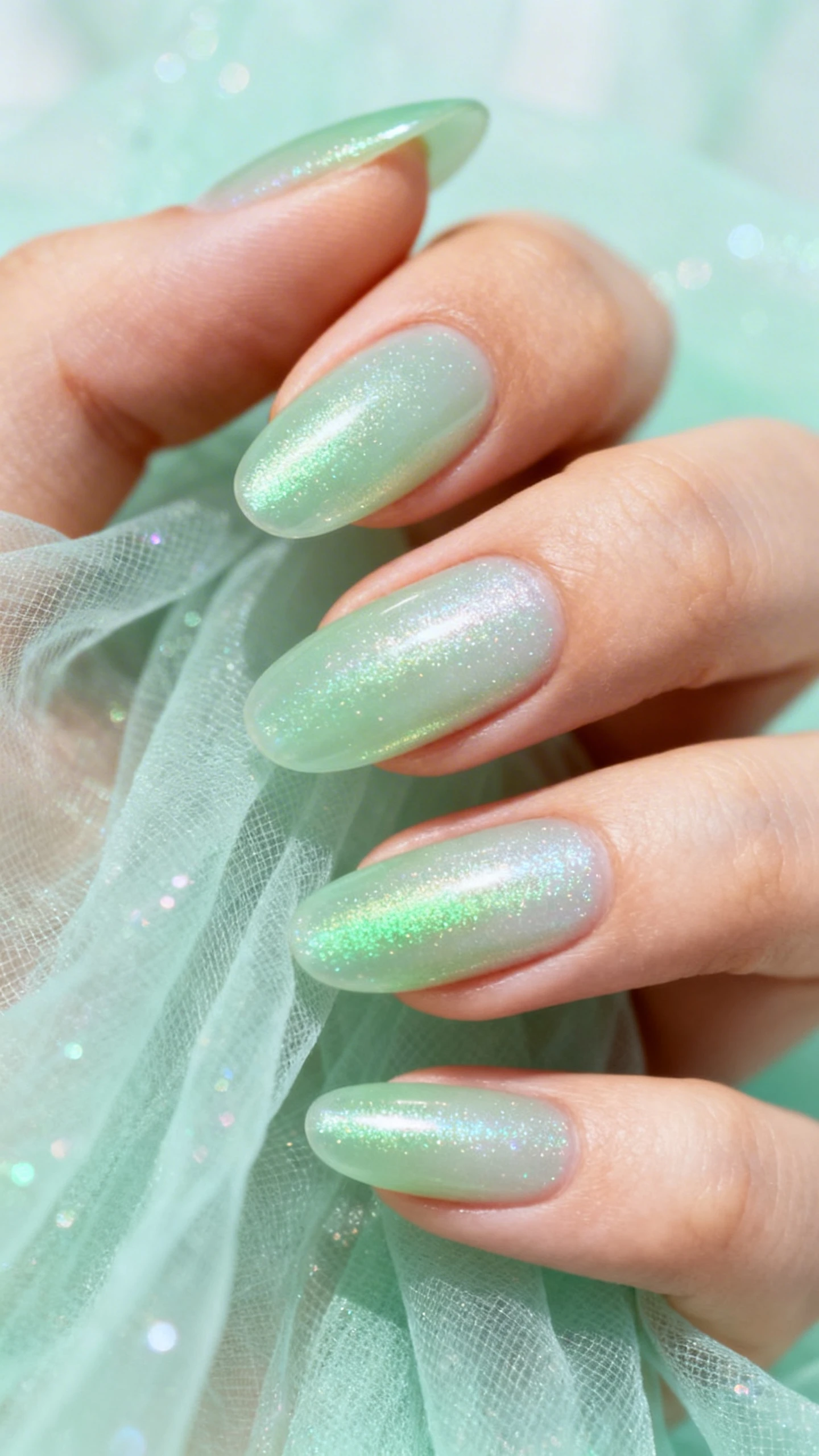 Macro photo of one hand with medium-length oval/almond nails, sheer clover green jelly base (two thin coats, soft visible nail line), topped with a uniform fine micro-shimmer top coat in icy pearl with a faint green shift; add a soft vertical gradient of shimmer slightly denser at the center of each nail for a veil-like glow, no large glitter pieces. High-resolution, crisp detail; background: gauzy, pale mint tulle with diffused daylight and gentle sparkles to enhance the ethereal vibe. Clean, modern Instagram style; no faces, only the hand and nails.