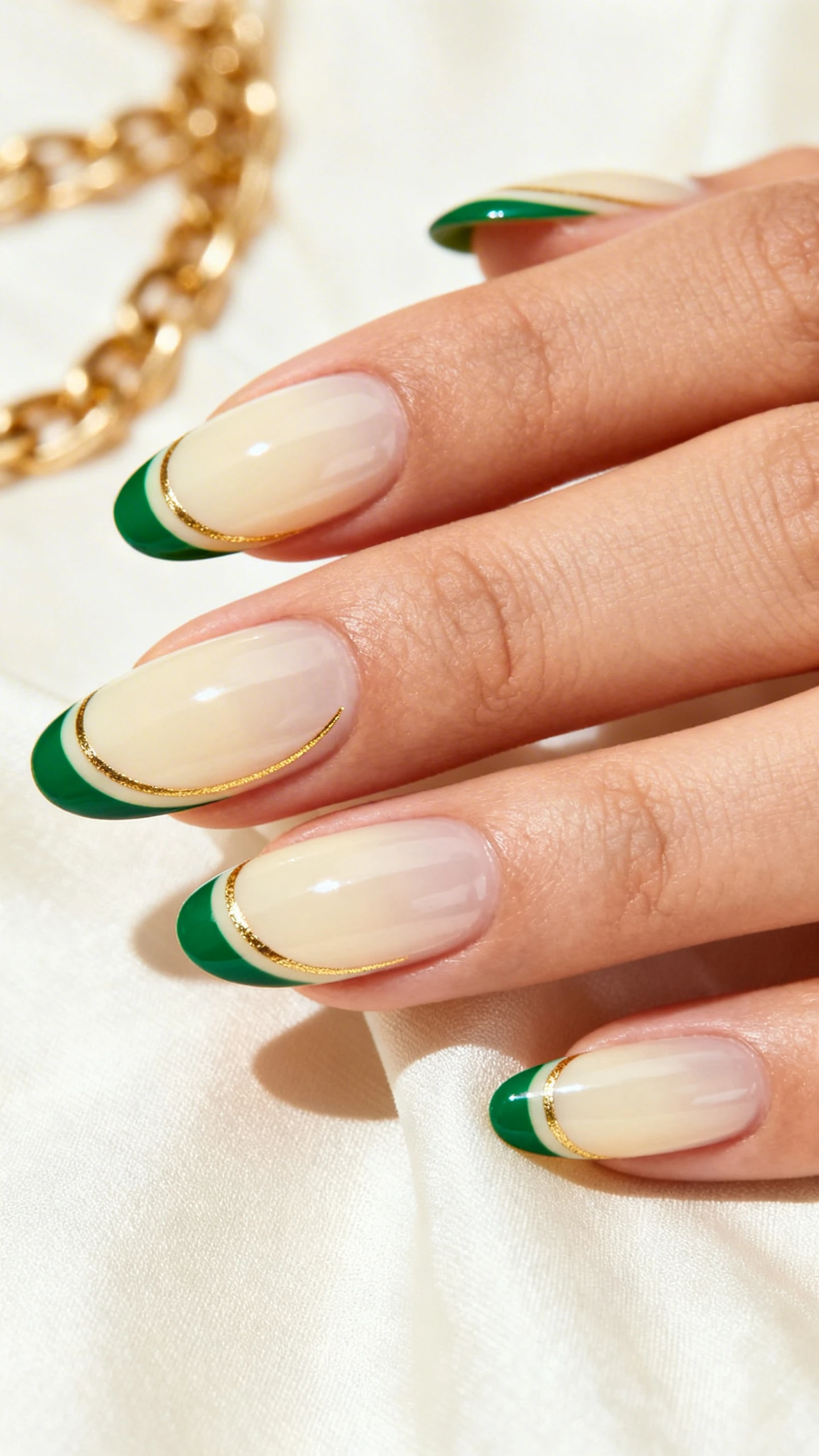 Macro photo of one hand with medium-length oval/almond nails on a translucent cream base; each nail has a thin, curved French tip defined by two parallel stripes: a slim metallic gold line tracing the smile line with a slightly wider kelly green stripe just above it toward the free edge. Ring finger features a slightly bolder execution for emphasis. Ultra-sharp focus showing crisp stripe edges and high-shine finish. Background: minimal luxe—soft ivory linen with a gold chain softly out of focus. Bright, editorial lighting. No faces, only the hand and nails.