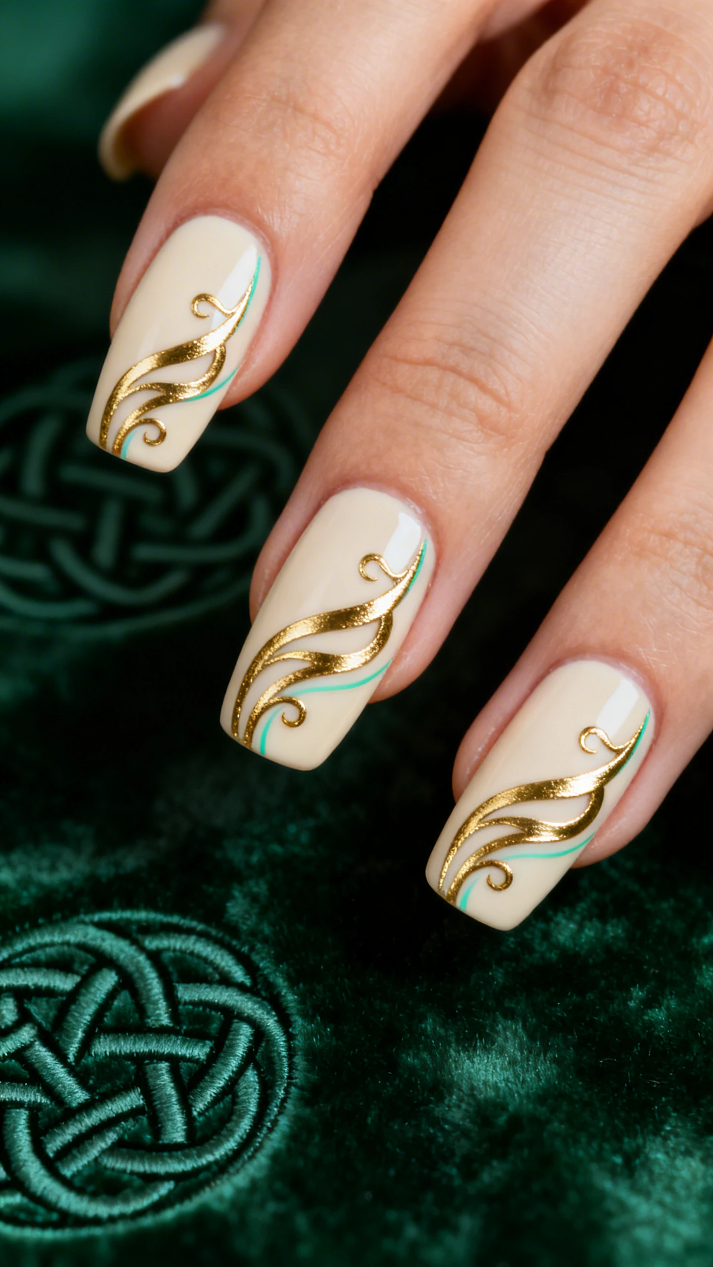 Macro photo of one hand with medium-length squoval nails on a soft cream base; index and ring fingers feature flowing metallic gold Celtic-inspired swirls arcing diagonally from lower inner corner to upper outer edge, with small loops and tapered ends; a whisper-thin pastel mint tracing line accents select curves for dimension. Razor-sharp focus highlighting metallic reflect and precise linework. Background: dark green velvet with a hint of embossed Celtic knot pattern softly blurred. Contemporary, moody lighting. No faces, only the hand and nails.