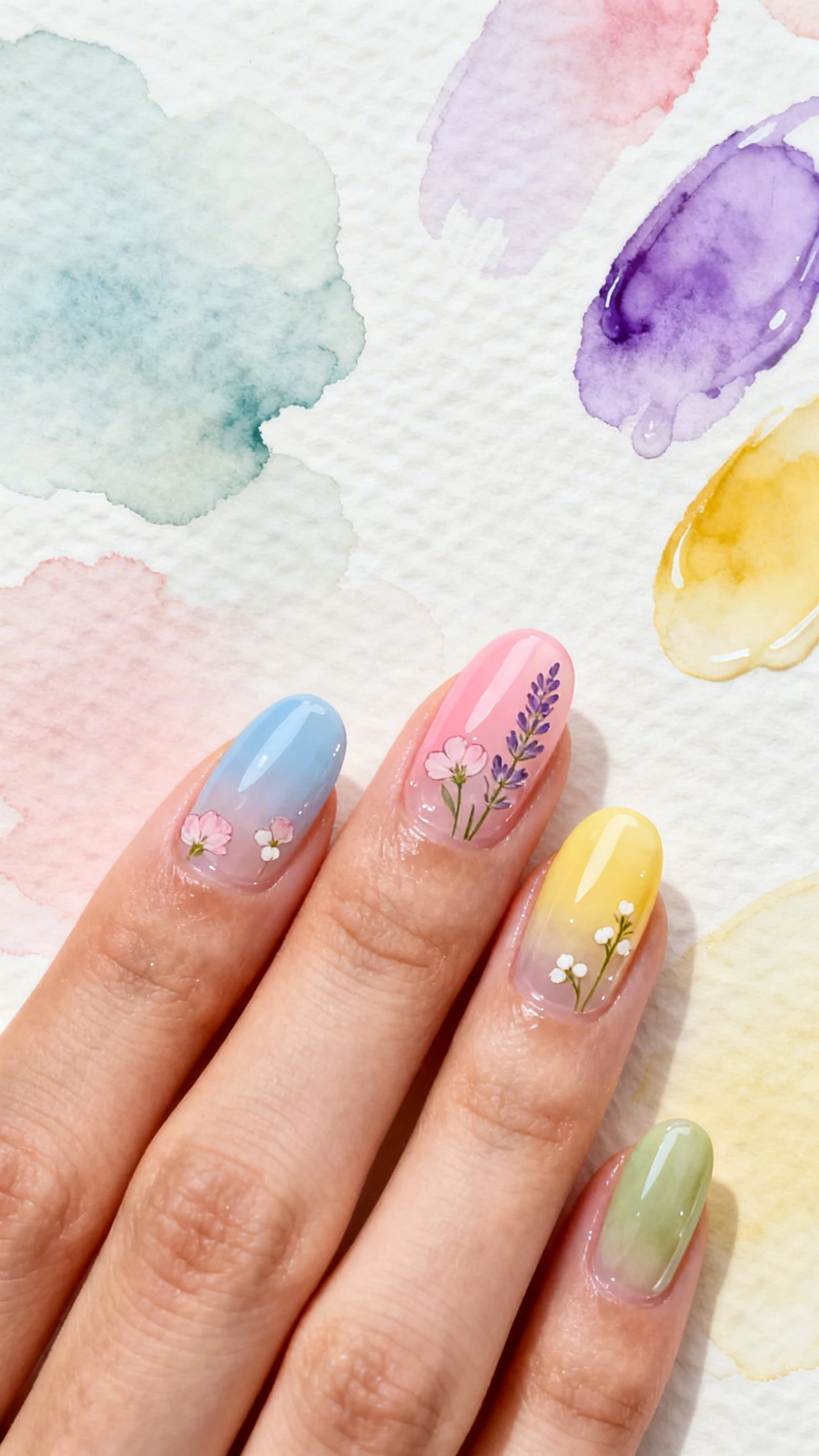 Macro photo of one hand with medium oval nails, each in a different soft base color—powder blue, blush pink, lilac, butter yellow, pale moss green; subtle watercolor fade from sheer cuticle to slightly more opaque mid-nail; translucent wildflower stickers (lavender sprigs, pale pink blossoms, tiny white buds) placed to float within the gradient; dewy, glassy finish; background: watercolor palette and soft paint washes on textured paper in coordinating pastels; high-resolution, sharp focus, modern editorial lighting, no face, only the hand.