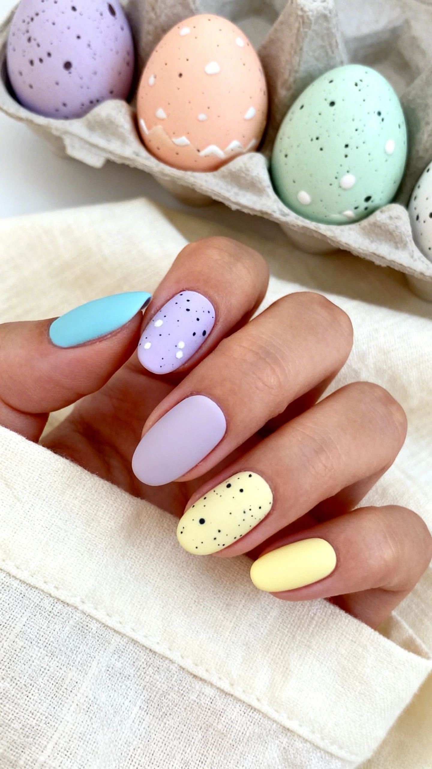 Macro photo of one hand with medium oval nails in a soft-matte finish. Begin with a subtle brightening, color-correcting base coat; apply creamy pastels—one color per nail: robin’s-egg blue, lilac, soft peach, mint, light butter yellow. After drying, add ultra-fine speckles (tiny irregular dots) in charcoal and white to mimic candy egg shells; evenly distributed but delicate. Velvet-matte topcoat to soften. Background: pastel ceramic egg carton with faux speckled eggs and soft linen napkin in neutral cream. High-resolution, crisp detail on matte texture and micro-speckles. Clean, editorial, Instagram-ready style; no faces, only the hand and nails.