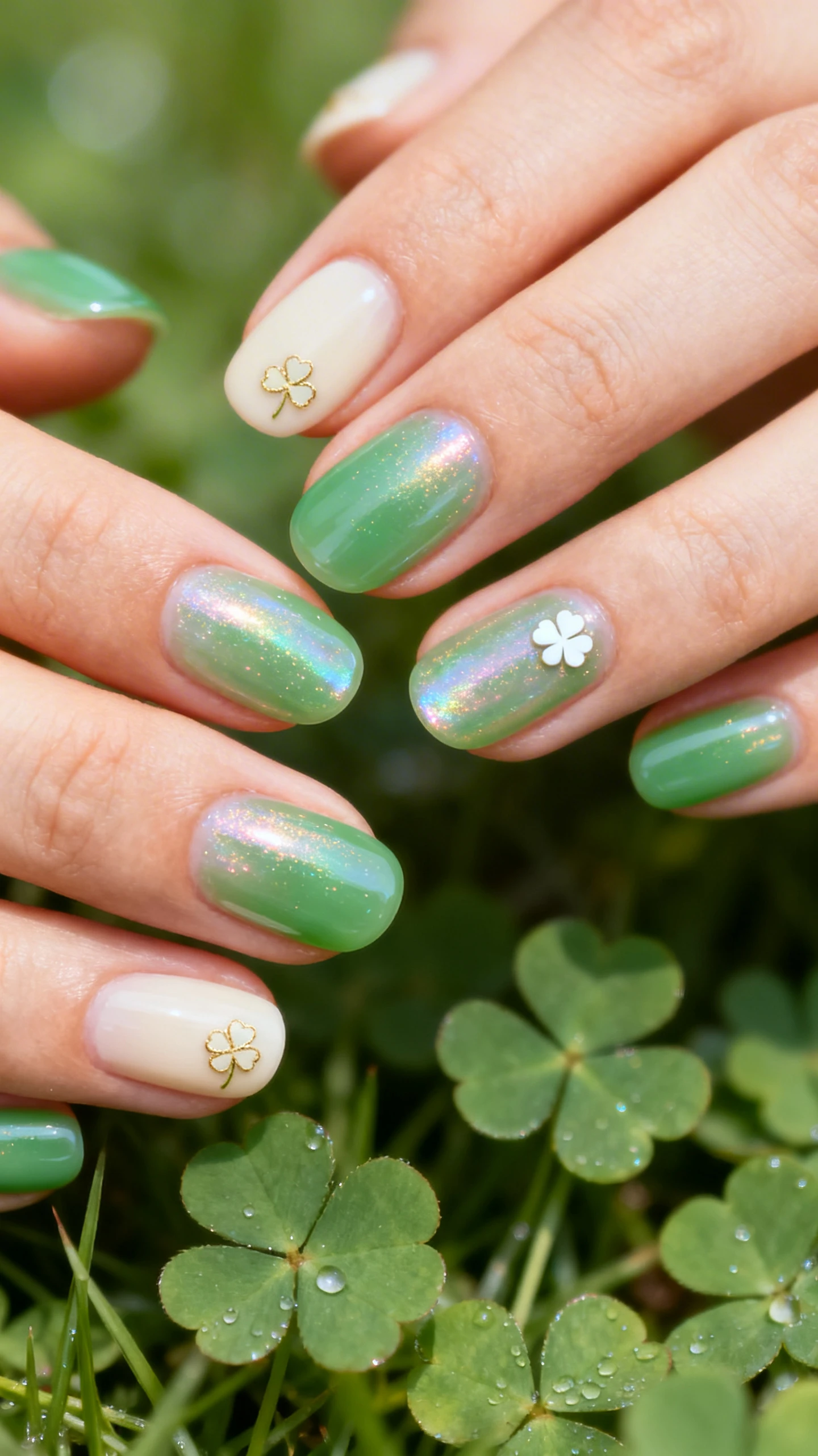 Macro photo of one hand with medium oval nails in a Lucky Clover Glaze. Base is one coat of sheer cream to neutralize, then 1–2 thin coats of emerald green jelly for a soft, translucent wash. A pearlescent micro-shimmer topper adds an iridescent glaze without chunky glitter. Minimalist micro clover motifs (tiny, delicate, pale gold or white) appear on select nails near the cuticle or sidewall. Lighting is soft and airy to reveal the glazed sheen. Background: fresh spring elements—blurred clover leaves or dew-kissed grass—clean and modern. High-resolution, sharp focus on nails only; no faces.