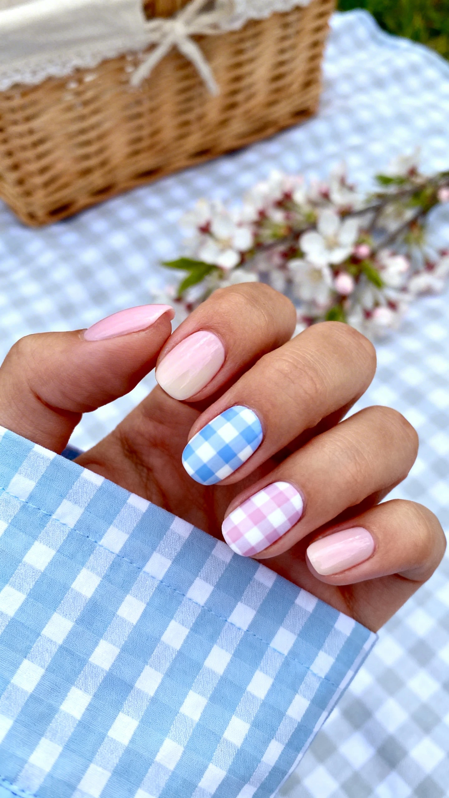 Macro photo of one hand with medium oval nails, sheer pink-cream base; two accent nails (index and ring) in powder blue and white pastel gingham: pale blue wash background with crisp vertical and horizontal white stripes forming small squares, subtle opacity at stripe overlap. High-resolution, sharp pattern edges. Background: blurred picnic setup—light gingham cloth, wicker basket, spring blossoms. Clean, modern composition, no faces, nails in primary focus.