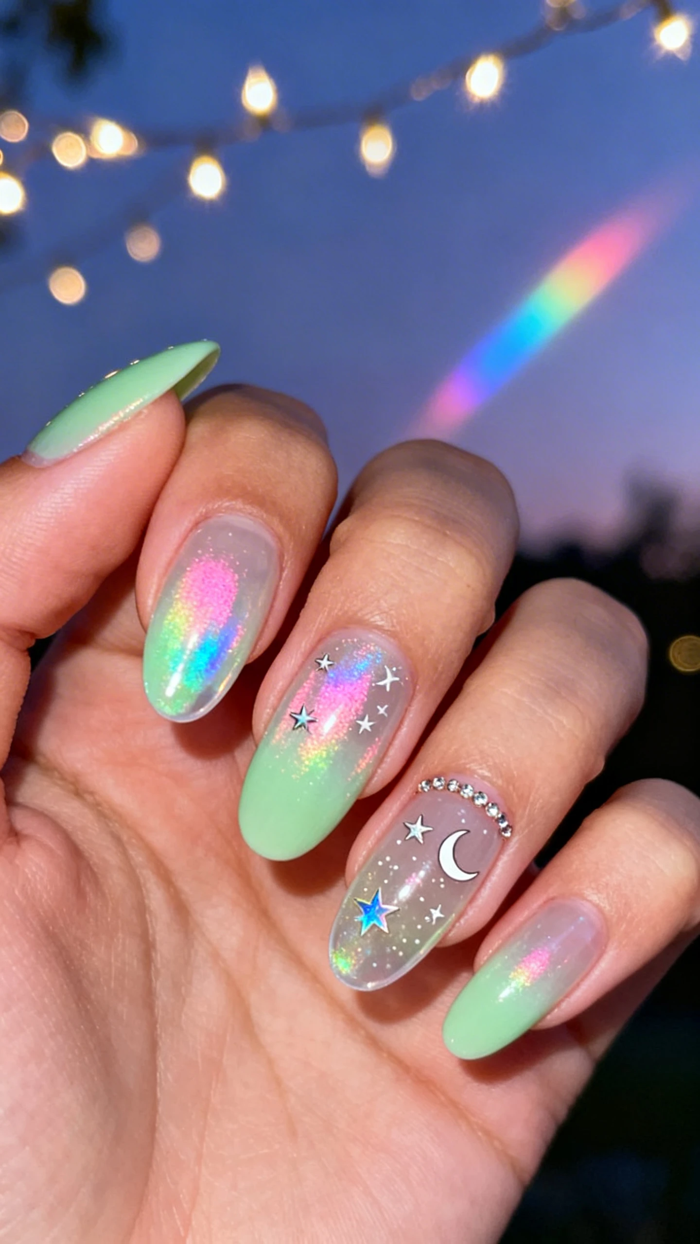 Macro photo of one hand with medium round and almond nails, Celestial Rainbow Fortune; sheer pistachio green gradient brushed from the cuticle down about 60% of each nail, fading to clear toward the tip with a cloud-like softness; whisper-thin coat of iridescent rainbow shimmer overlay catching pink, blue, and green shifts; delicate constellation of micro holographic stars and a tiny crescent moon on the ring finger; subtle scattered micro rhinestones at the cuticle line on the middle finger; glossy, crisp detail; background: dreamy twilight backdrop with bokeh fairy lights and a soft prism rainbow flare; ethereal, Instagram-ready lighting; no face, only the hand and nails.