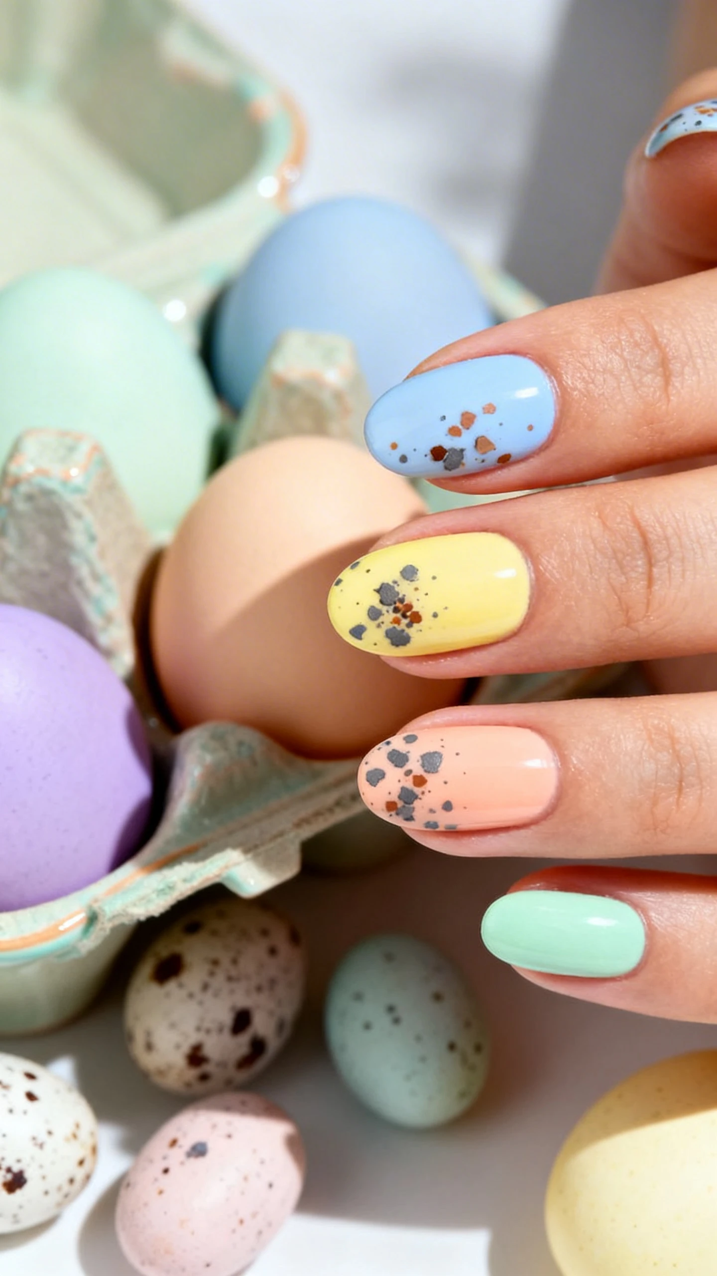 Macro photo of one hand with medium round nails in skittle pastels: pale robin’s egg blue, butter yellow, lavender, soft peach, and mint; each nail topped with delicate charcoal gray and warm brown speckles—tiny, irregular, lightly scattered with slightly denser concentration near the center. High-resolution, crisp detail on speckles. Background: pastel ceramic egg carton and speckled candy eggs softly out of focus. Trendy, bright natural light, no faces, only the hand.