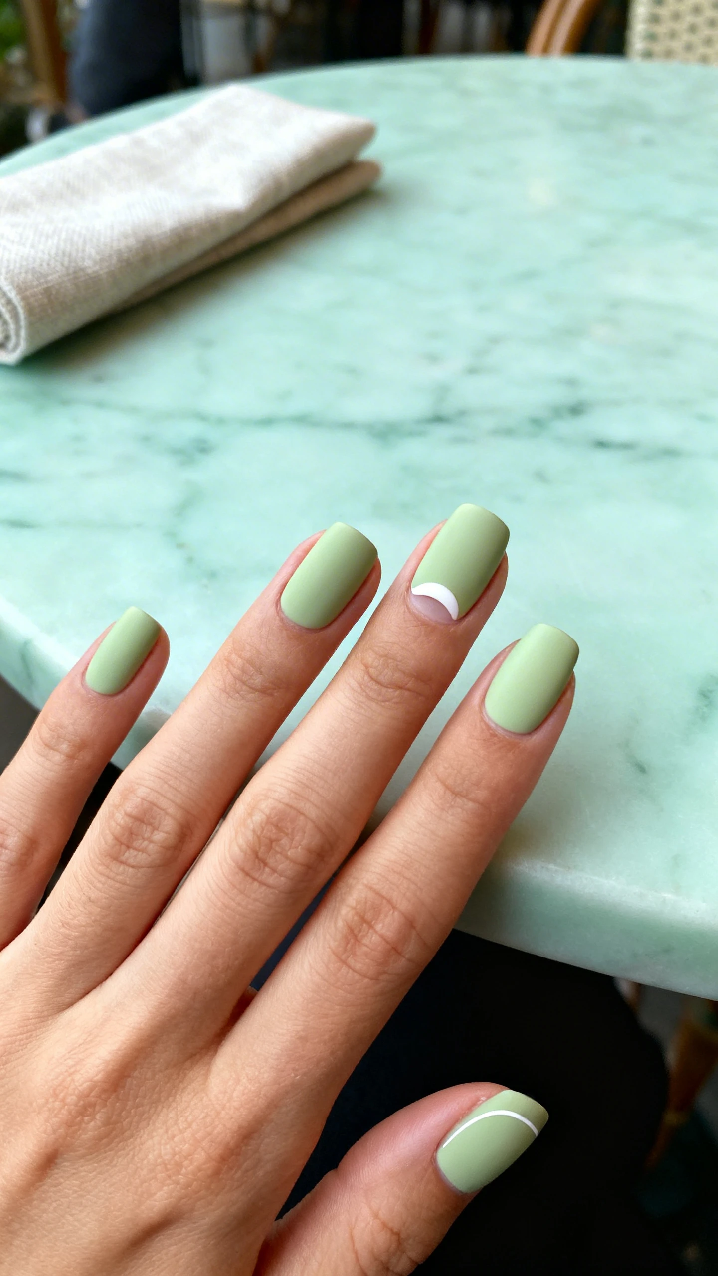 Macro photo of one hand with medium-short squoval nails painted opaque pastel pistachio (muted, milky green); index, middle, and pinky are solid pistachio with a flawless crème finish; ring finger displays a delicate off-white half-moon at the cuticle about 3 mm tall, softly curved with no outline over the pistachio base; thumb shows a pistachio base with subtle, clean negative space at the sidewall (single slim arc) for Parisienne minimalism; high-resolution, sharp focus; background: pale mint marble café table with a linen napkin, softly out of focus; chic, natural light; no faces, only the hand and nails.