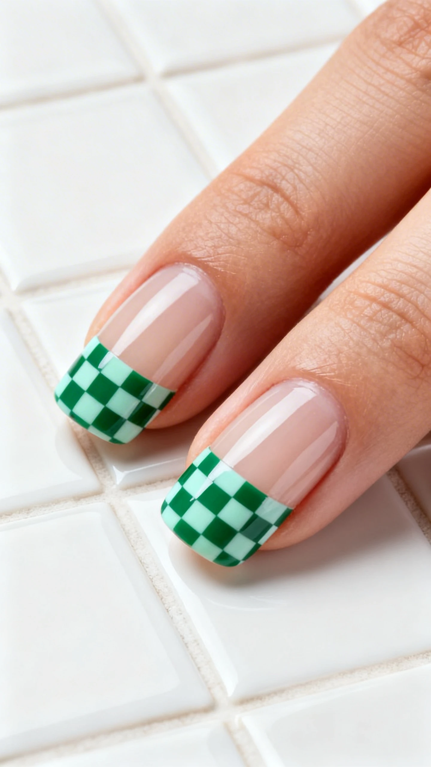 Macro photo of one hand with medium squoval nails, high-gloss finish. Sheer neutral base. Tips display a 3–4 mm micro-checkerboard band wrapping the free edge; tiny uniform squares alternating pastel mint and rich kelly green. Index and middle nails emphasized in frame for detail. High-resolution, sharp focus. Background: crisp white ceramic tile with a subtle grid echoing the checker motif. Modern, studio lighting. No face, only the hand and nails.