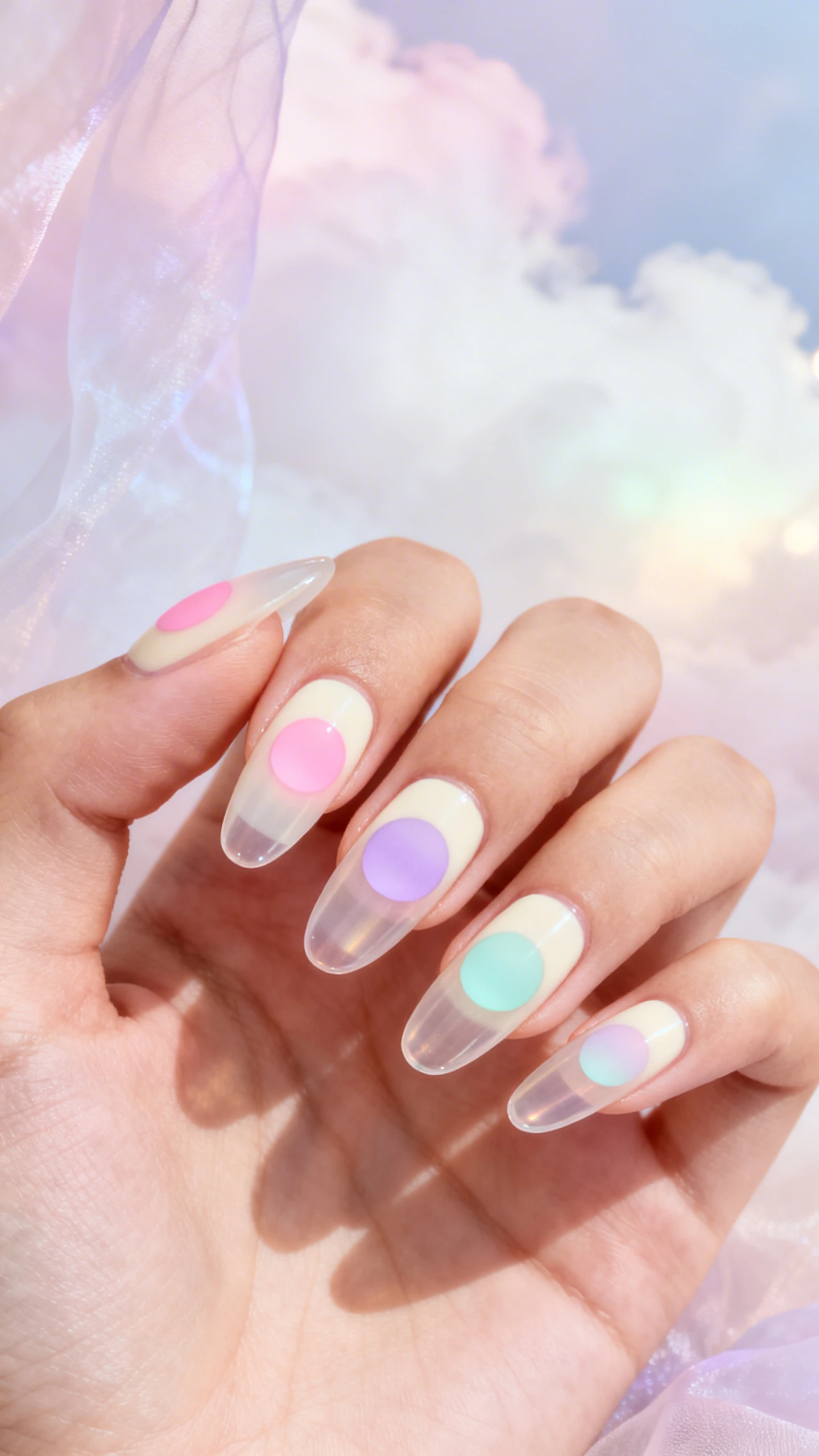 Macro photo of one hand with medium-to-long almond nails, translucent cream-jelly base; soft aura ombré circles centered on each nail in blush pink, pale lavender, or mint—one color per nail, alternating across the hand; color fades outward to a near-clear perimeter for ethereal glow. High-resolution, velvety gradients. Background: dreamy pastel cloud or chiffon backdrop with diffused light. Contemporary, editorial feel, no faces, only nails and hand.