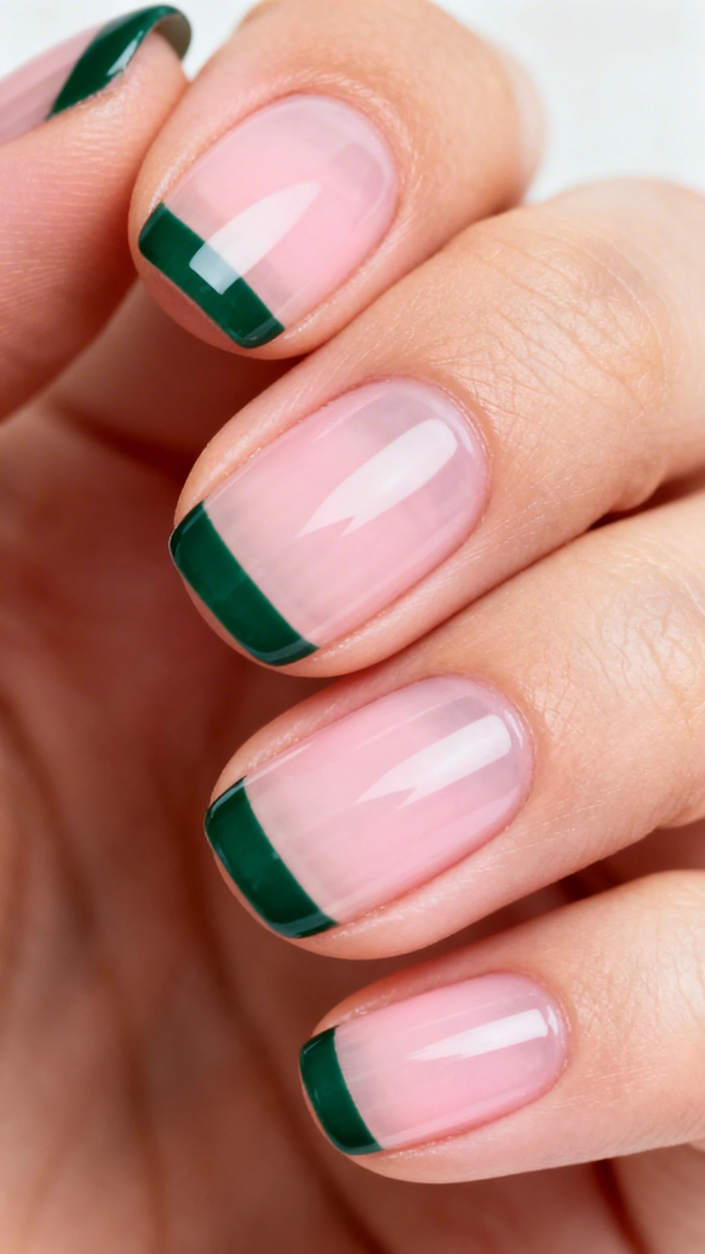 Macro photo of one hand with natural short squoval nails, transparent pink or cream sheer base, micro-thin deep forest green French tips