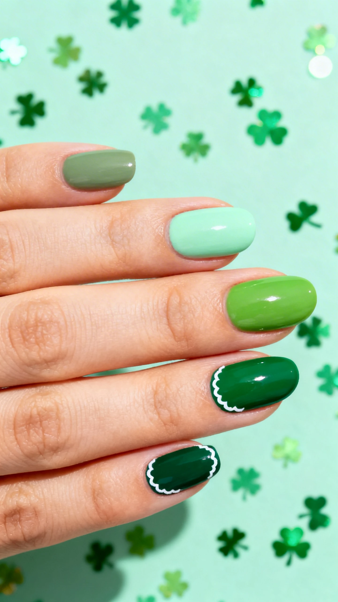 Macro photo of one hand with short oval nails, soft-gloss finish. Skittles layout from thumb to pinky in five greens: dusty sage, pastel mint, fresh clover, classic kelly, deep forest. Subtle white micro-shamrock outline at the lower outer corner of both index nails. High-resolution, sharp focus. Background: pastel mint paper with scattered tiny shamrock confetti bokeh. Clean, modern lighting. No face, only the hand and nails.