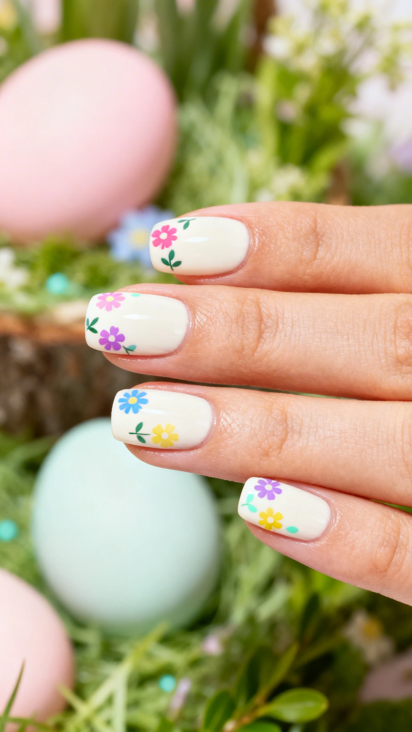 Macro photo of one hand with short round/square nails; creamy off-white base on all nails; small pastel floral stickers in pink, cornflower blue, lavender, butter yellow, and mint with simple shapes (daisies, five-petal blooms, tiny leaves) scattered diagonally from cuticle corner to opposite free-edge corner on each nail; balanced spacing like cheerful confetti; glossy top coat; background: Easter garden vignette with pastel eggs and fresh greenery softly blurred; high-resolution, sharp focus on sticker edges and polish texture, bright Instagram style, no face, only the hand.