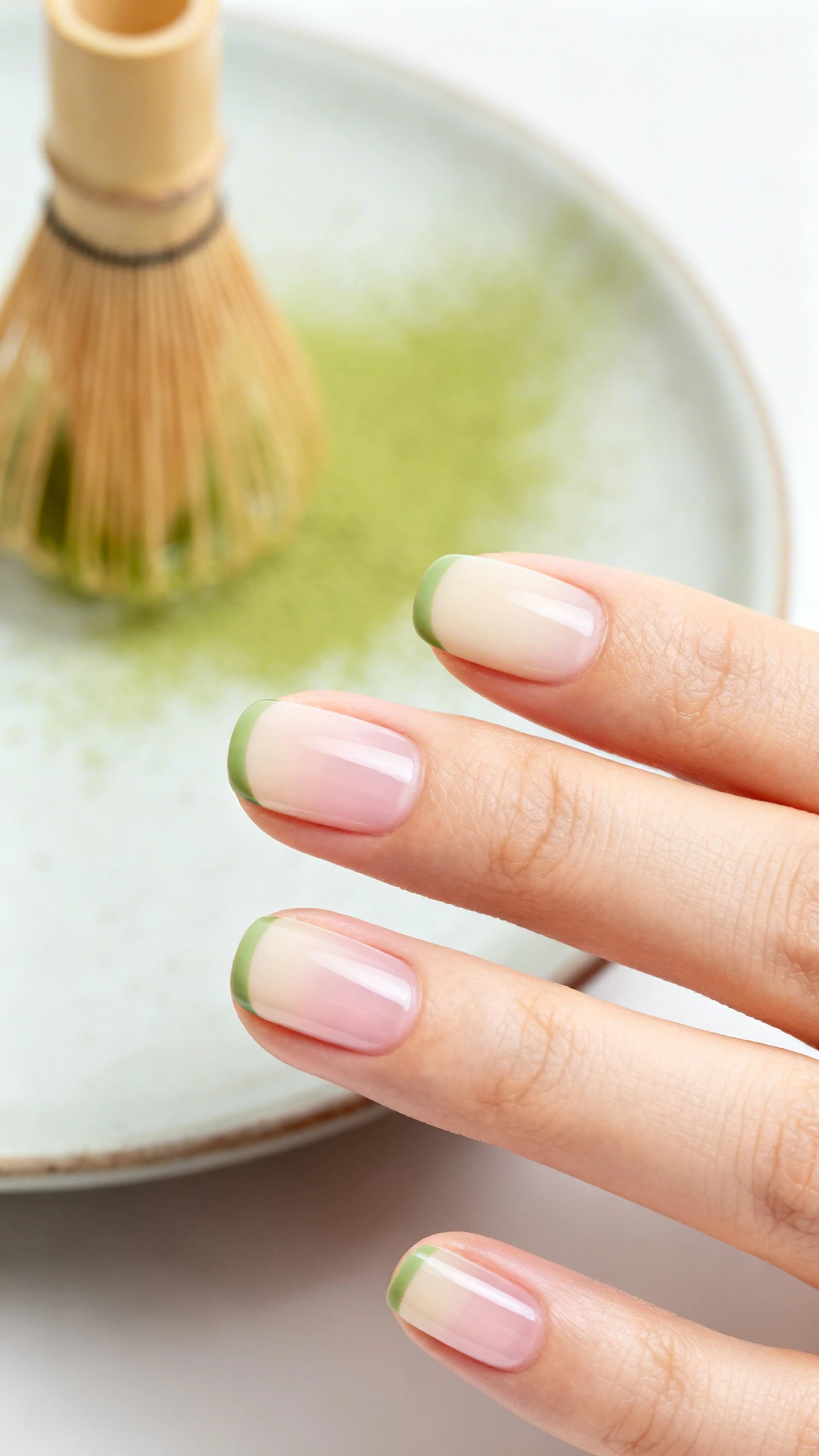 Macro photo of one hand with short, rounded-square nails. Translucent pinkish base over a sheer cream wash for a neutral, even tone. Ultra-thin micro-French tips (~1 mm) in soft matcha green, perfectly straight across each free edge and uniform in thickness. No shimmer, glitter, or additional accents. High-resolution, razor-sharp focus to showcase the micro-width tips. Background: minimal Parisian patisserie scene with pale ceramic plate and a delicate matcha whisk softly out of focus. Clean, modern lighting; only the hand and nails visible.