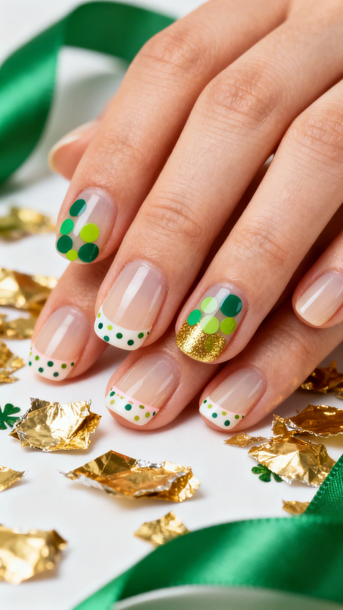Macro photo of one hand with short, softly rounded nails on a clear-to-pale beige base, featuring asymmetric clusters of mini and medium dots in emerald, kelly green, lime, and metallic gold; dot clusters placed near the cuticle on two accent nails and along the free edge like a soft confetti French on the others. Sharp, high-resolution focus on glossy dots and smooth cuticles. Background: subtle St. Patrick’s Day vibe—scattered gold foil and a blurred green satin ribbon. Modern, Instagram-worthy lighting with gentle shadows. No faces, only the hand and nails.