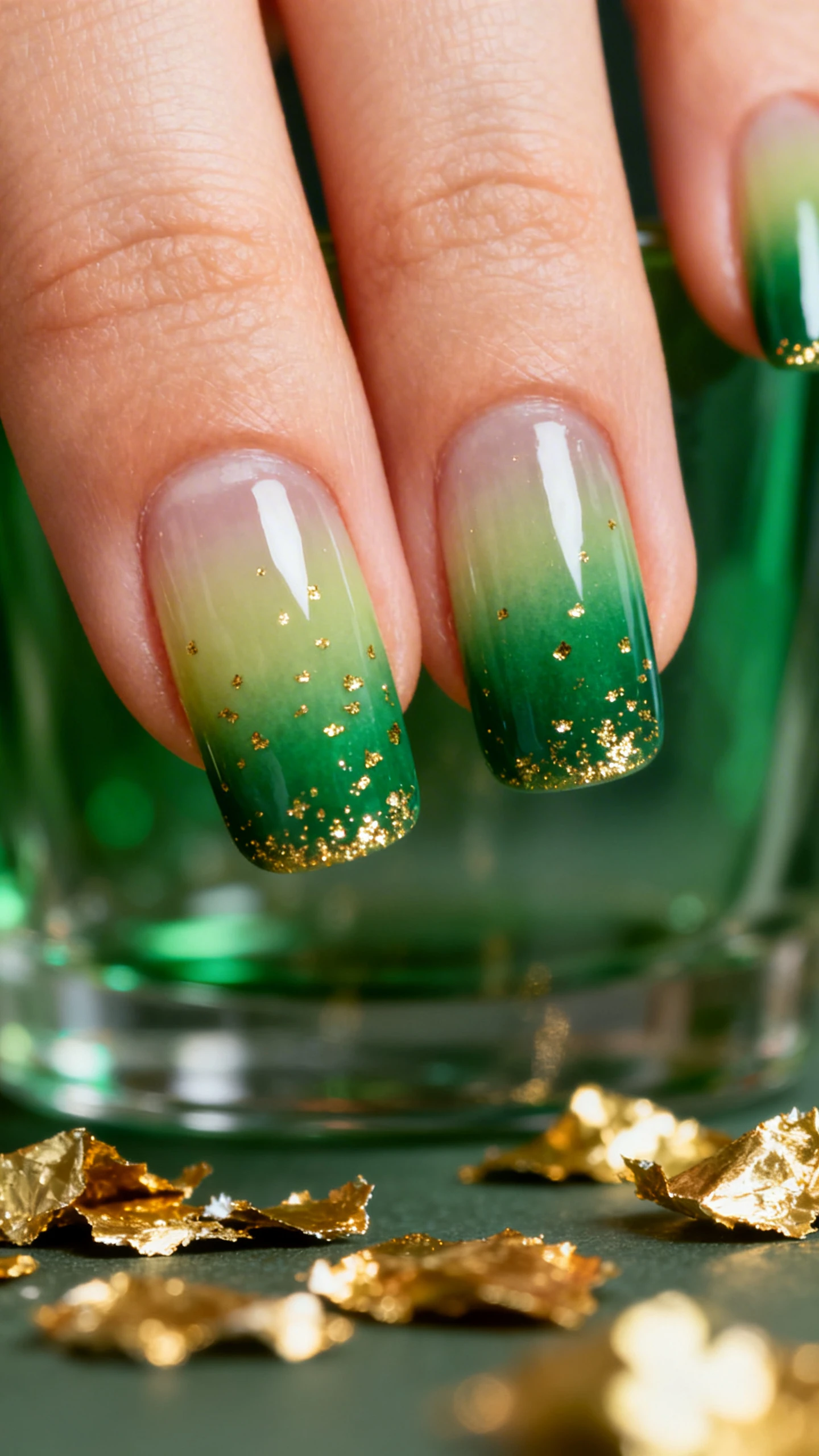 Macro photo of one hand with short squoval nails featuring a vertical ombré from soft transparent pistachio at the cuticle to rich emerald at the free edge; smooth gradient with no banding; dispersed tiny metallic gold flecks concentrated mid-nail to tip and tapering near the cuticle; high-resolution, glossy finish captured with specular highlights; background: softly blurred green glass and scattered gold foil for a luxe St. Paddy’s vibe; modern, moody lighting; no faces, tight crop on nails.