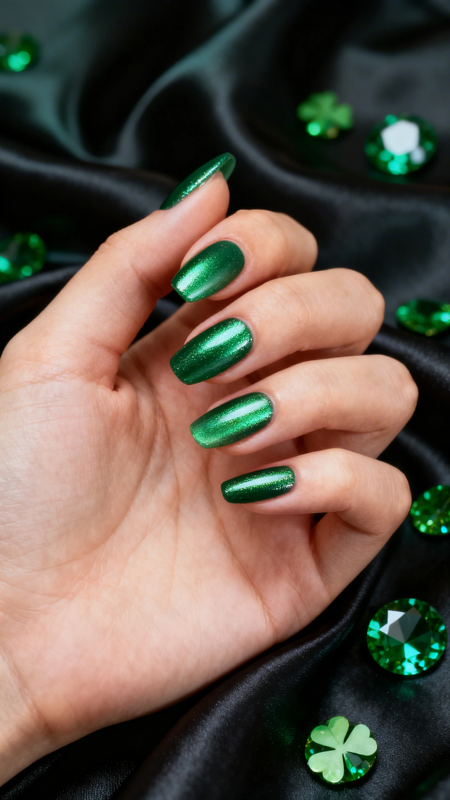 Macro photo of one hand with short-to-medium almond nails wearing a deep emerald green base (cool-toned, jewel-like) topped with a sheer green chrome veil for a soft metallic reflection, high-gloss finish; crisp, high-resolution close-up showing subtle chrome sheen and smooth cuticles; aesthetic background of dark satin fabric and scattered green gemstones for St. Patrick’s vibes; modern, Instagram-ready lighting with gentle highlights; no faces, only the hand and nails in focus.