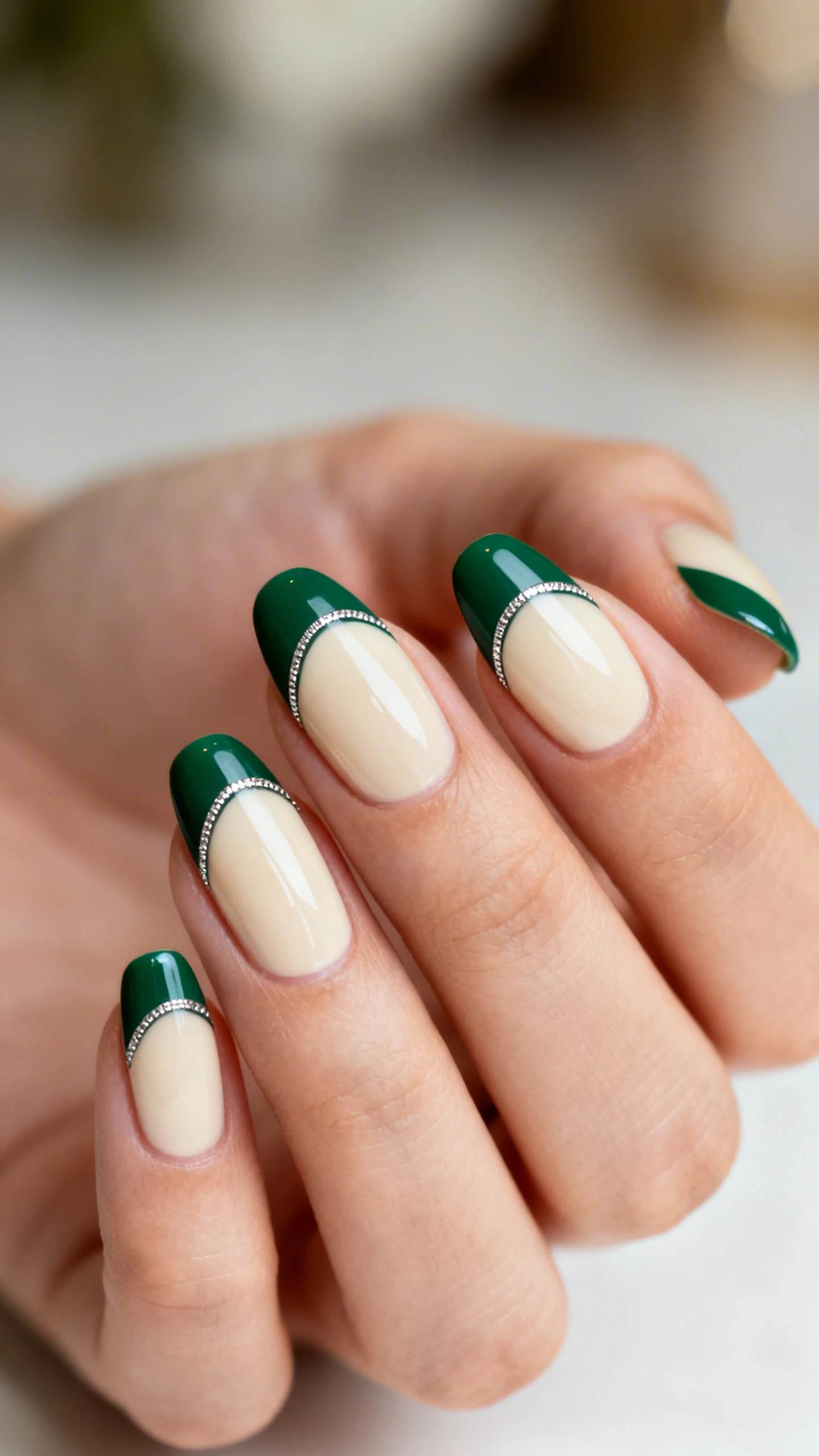 Macro photo of one hand with short-to-medium almond nails, glossy cream base. Thin, curved French tips in deep emerald green tracing the natural smile line with crisp edges. Along the lower edge of each emerald tip, a precise