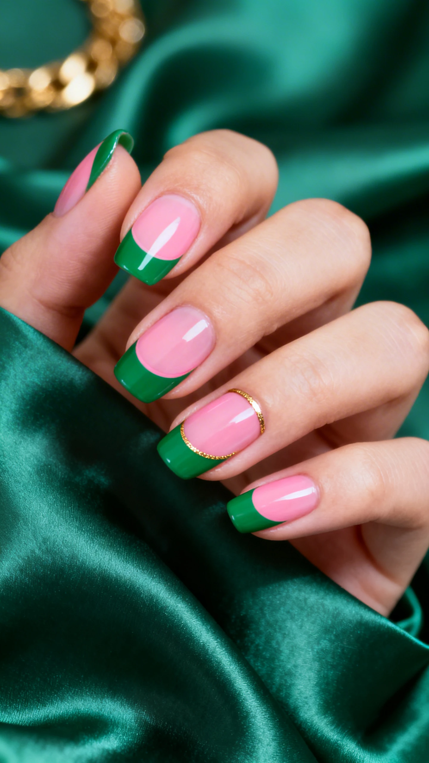 Macro photo of one hand with short-to-medium almond nails, glossy finish. Sheer pink base on all nails with medium-width emerald green French tips featuring a crisp, curved smile line, leaving about 70% sheer pink. Add a thin metallic gold micro-line on the ring finger only. High-resolution, sharp focus. Background: soft draped emerald satin with a hint of gold jewelry out of focus. Modern, Instagram-worthy lighting. No face, only the hand and nails.