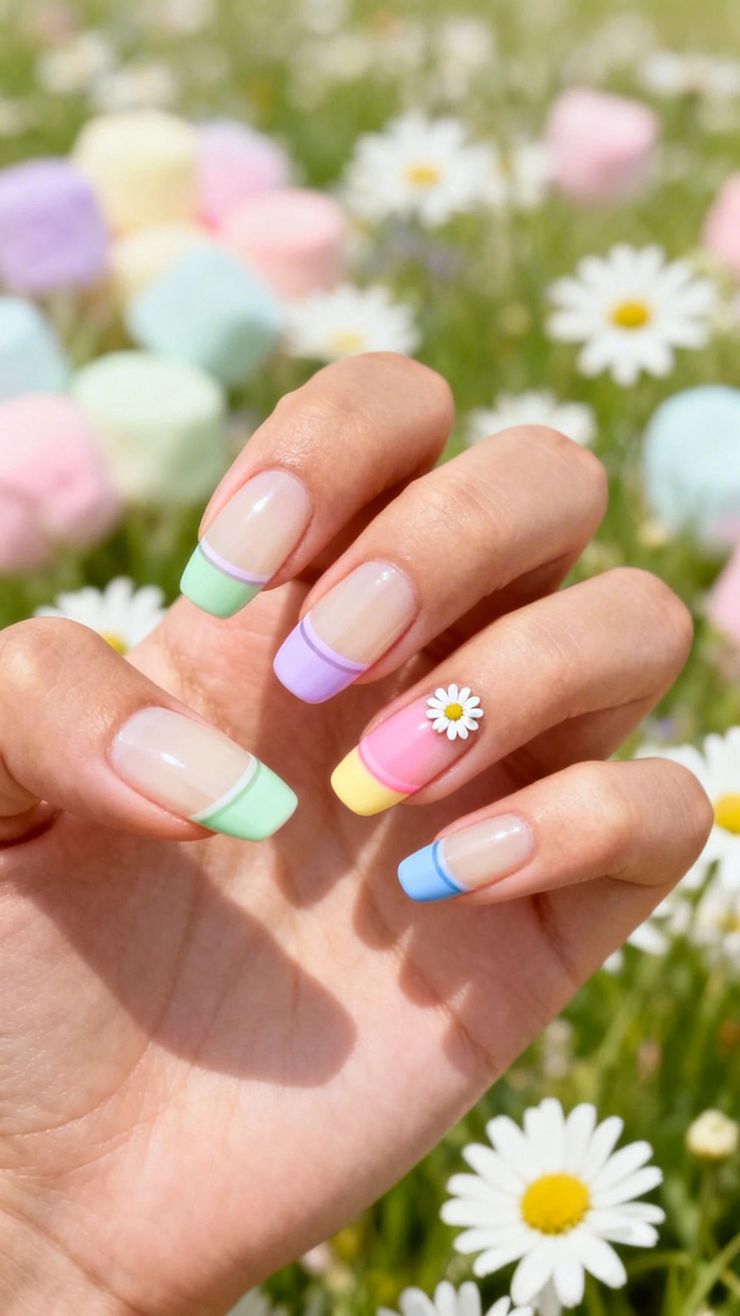 Macro photo of one hand with short-to-medium almond nails, sheer cream base, ultra-thin glossy French tips alternating soft mint green, baby lavender, petal pink, lemon sorbet, and powder blue; precision tip lines, optional tiny white daisy micro-accent on ring finger. High-resolution, sharp focus. Background: softly blurred spring meadow with pastel marshmallow hues and white daisies. Modern, Instagram-worthy lighting, no faces, nails centered.
