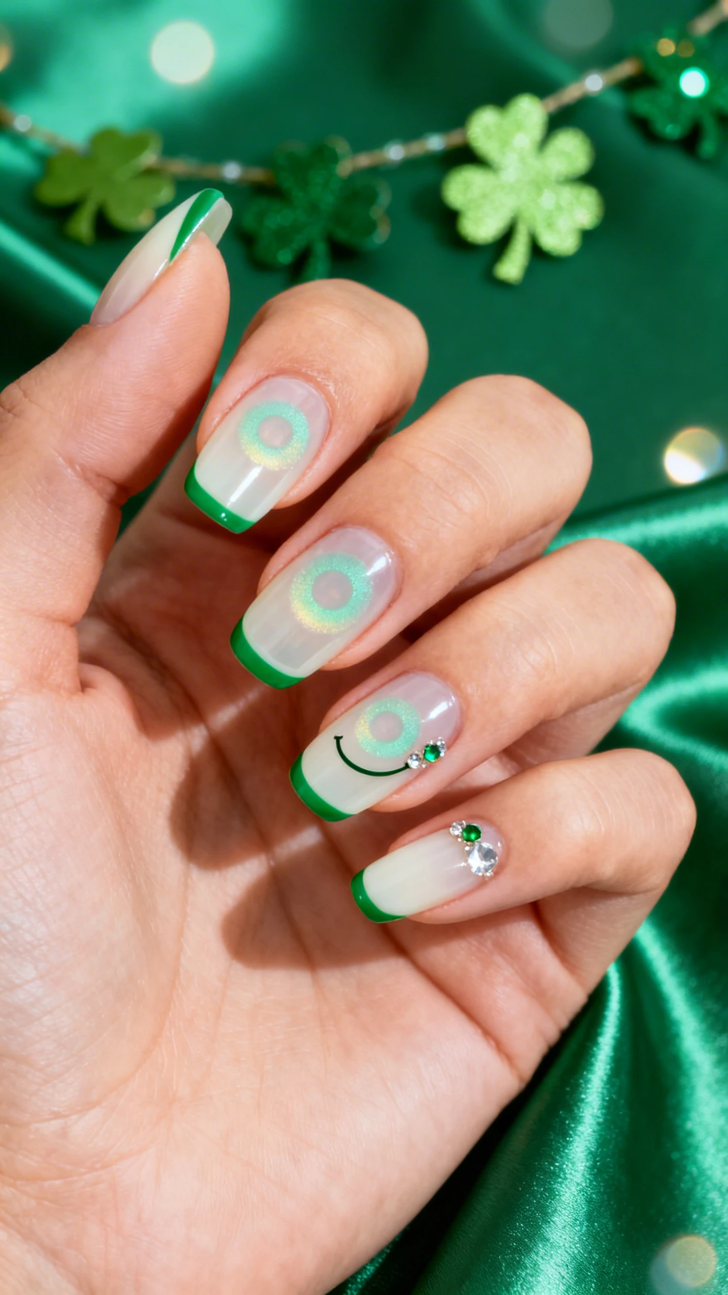 Macro photo of one hand with short-to-medium almond and squoval nails, showcasing an Emerald City Aura French design; sheer cream jelly base with a soft mint-to-clear circular aura airbrushed at the center of each nail, fading toward the edges; razor-thin, precise emerald green French tips; delicate placement of tiny clear and emerald rhinestones tracing the smile line on two accent nails; high-resolution, sharp focus with glossy top coat; background: softly lit emerald silk fabric and a blurred shamrock garland for St. Patrick’s vibes; modern, Instagram-worthy lighting with gentle bokeh; no face, only the hand and nails.