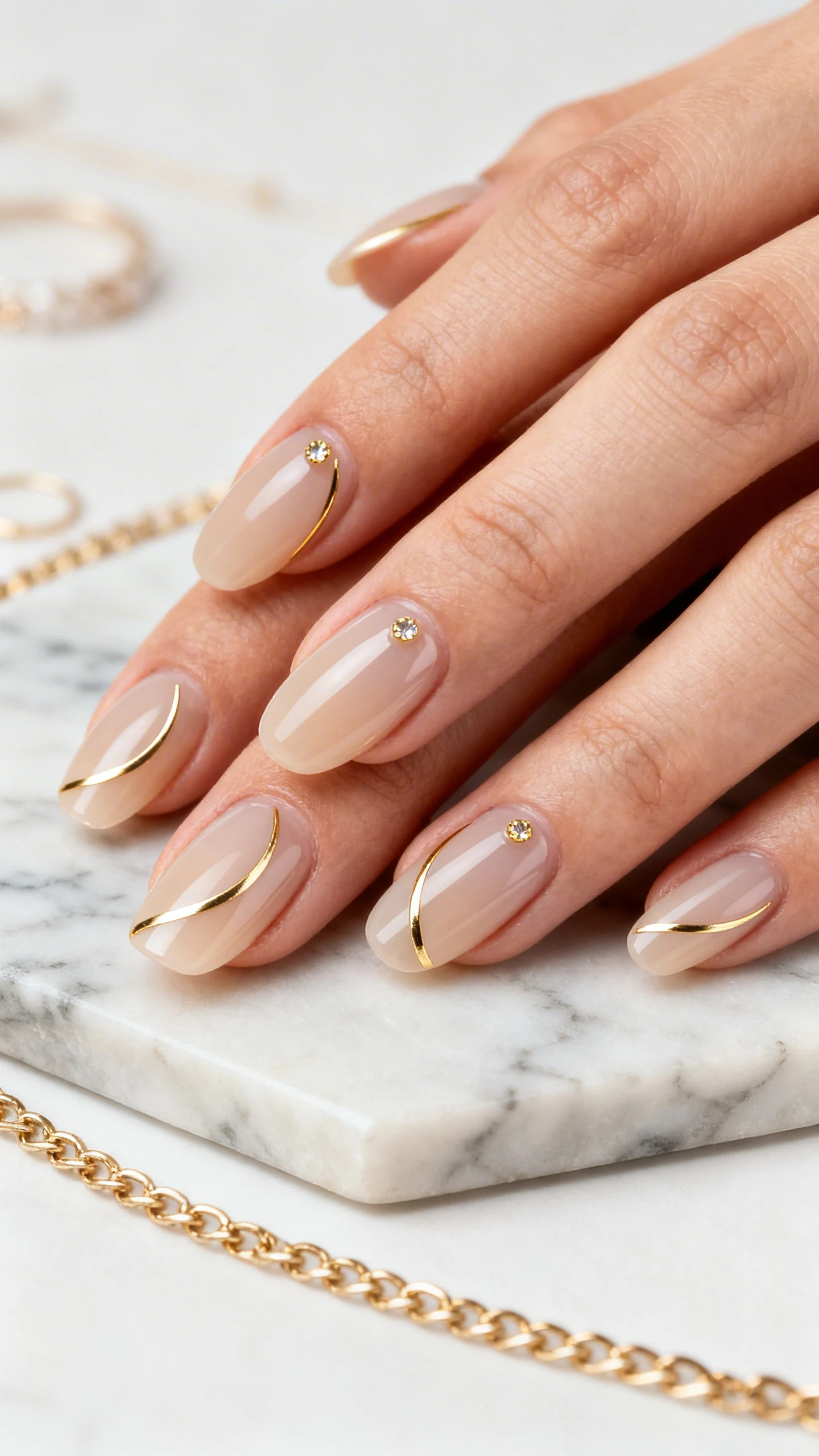 Macro photo of one hand with short-to-medium almond nails, Lucky Charms Minimalist Luxe; sheer beige jelly base, perfectly even; ultra-thin metallic gold arcs hugging one sidewall of each nail, asymmetrically placed and curving from the lower sidewall near the cuticle toward the upper free edge; a single tiny gold crystal at the arc’s starting point on two accent nails for quiet sparkle; glassy top coat, pristine cuticles; background: soft marble slab with a thin gold chain and minimal jewelry blurred; clean, editorial lighting; no face, only the hand and nails.
