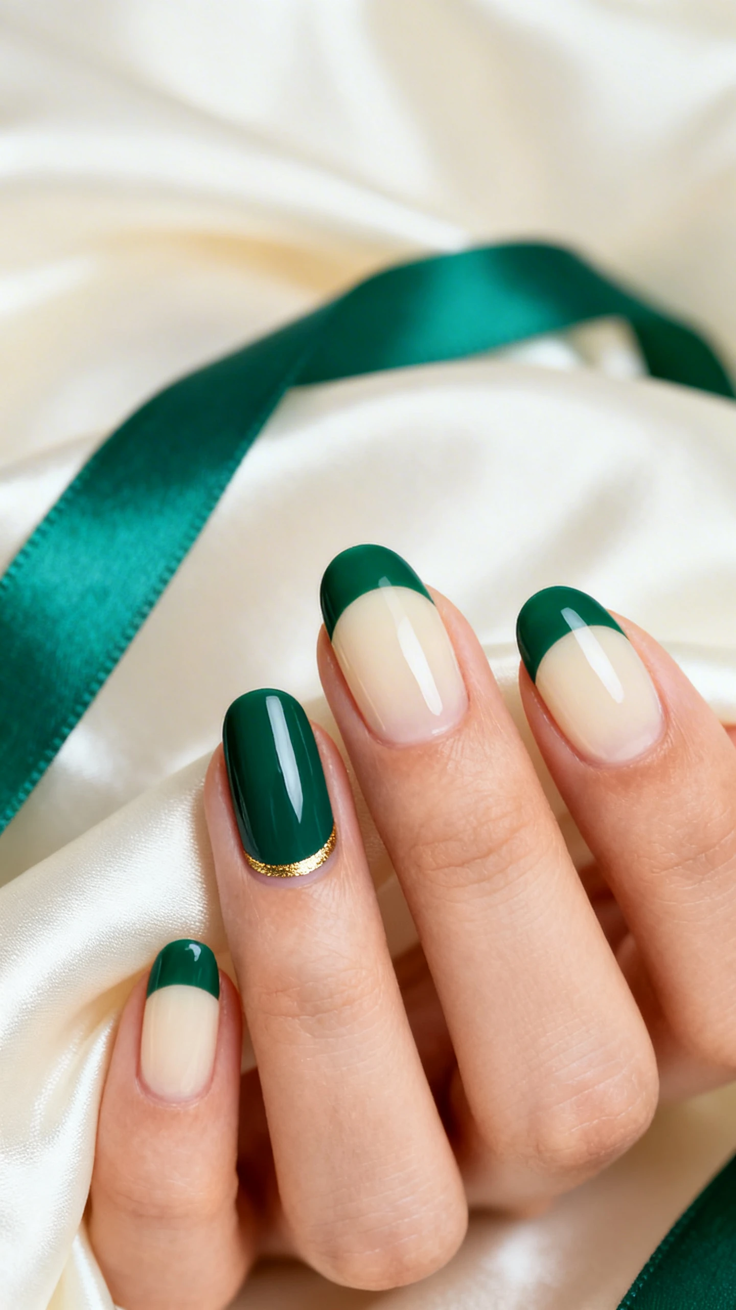 Macro photo of one hand with short to medium oval nails in a sheer, glossy cream base and thin curved French tips in deep emerald green; tip line 2–3 mm on shorter nails, slightly wider on longer nails; one accent nail features a micro-stripe of metallic gold tracing the base of the green tip; high-resolution, sharp focus on the nails with soft bokeh; aesthetic background: silky cream fabric with a hint of emerald ribbon; modern, Instagram-worthy lighting; no faces, only the hand and nails.