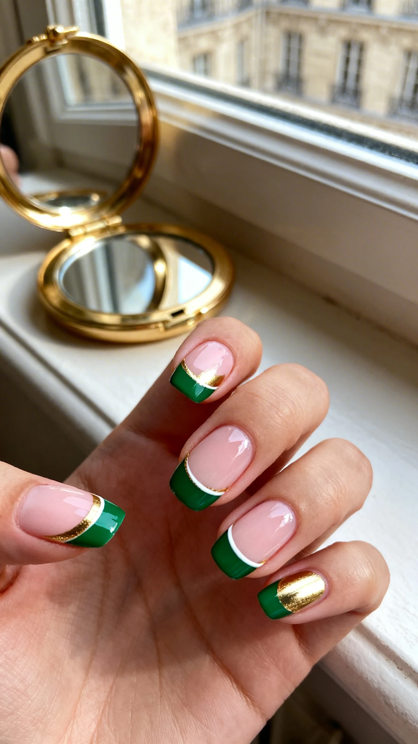 Macro photo of one hand with short-to-medium oval nails, sheer pink or cream base, crisp emerald green French tips (thin to medium width), polished metallic gold half-moon at each cuticle using perfect symmetry, optional ultra-thin white line separating gold from base, sealed with a high-shine topcoat; high-resolution, sharp focus. Background: chic Haussmann-style windowsill with a gilded compact mirror and soft morning light; modern, Instagram-worthy; no face, only the hand and nails.