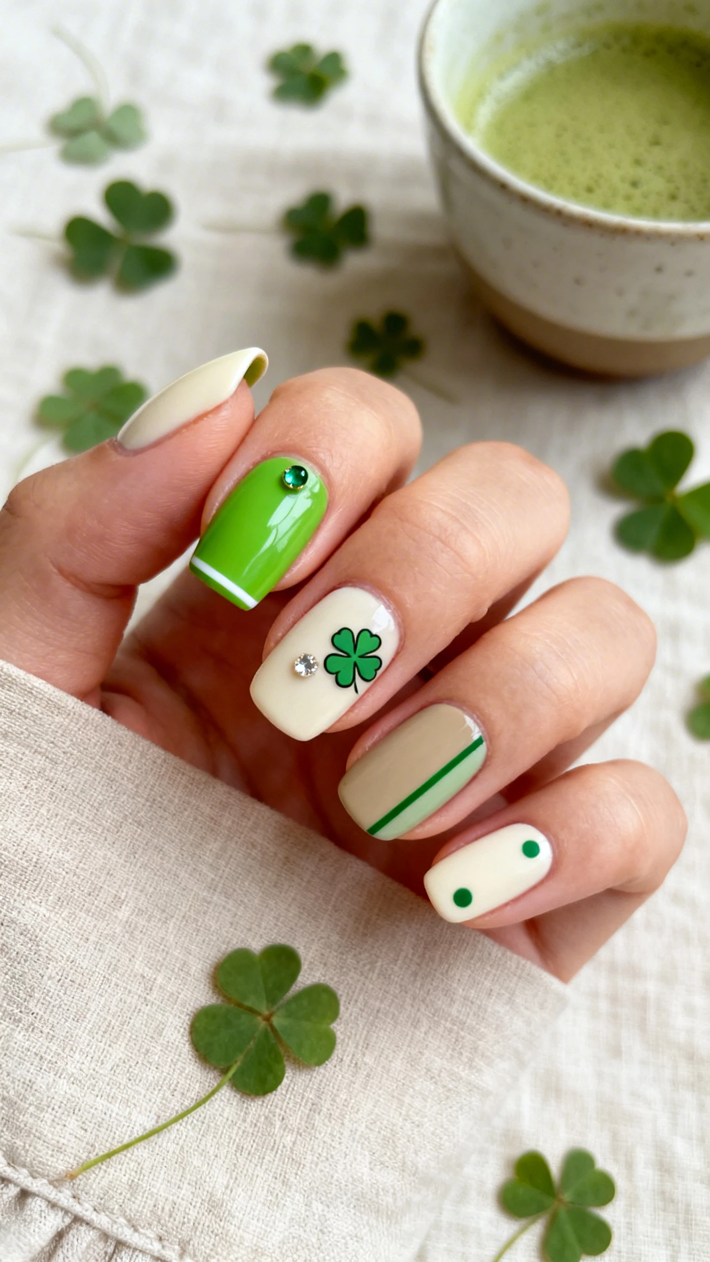 Macro photo of one hand with short-to-medium oval nails, Clover Burst Mix-and-Match; alternating base colors across the hand: cream, soft sage, and neutral sand; index nail features a micro French in bright kelly green with an ultra-thin tip and a single tiny emerald rhinestone centered at the cuticle; middle nail shows a small cluster of three micro clover decals in kelly green near the sidewall with one tiny crystal at the clover heart; ring nail has negative-space diagonal strip with a slim kelly green line; pinky and thumb keep clean bases with minimal green dot accents; sharp, high-resolution finish; background: pale linen with scattered pressed clovers and a ceramic matcha cup blurred; modern lifestyle look; no face, only the hand and nails.
