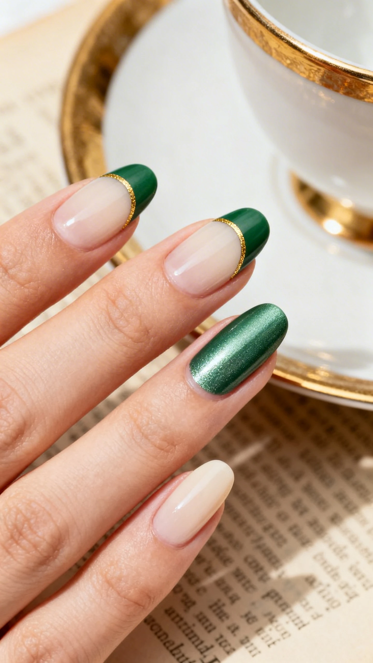 Macro photo of one hand with short-to-medium oval nails featuring a sheer beige/cream wash base and metallic ivy green color from mid-nail to free edge, leaving a clean half-moon at the cuticle; ultra-thin gold metallic strip tracing the half-moon; glossy, flawless finish with precise linework in sharp focus; background of vintage book pages and a gold-trimmed teacup for a refined, gilded aesthetic; soft, diffused daylight for Instagram-worthy clarity; no faces, only the hand and nails.