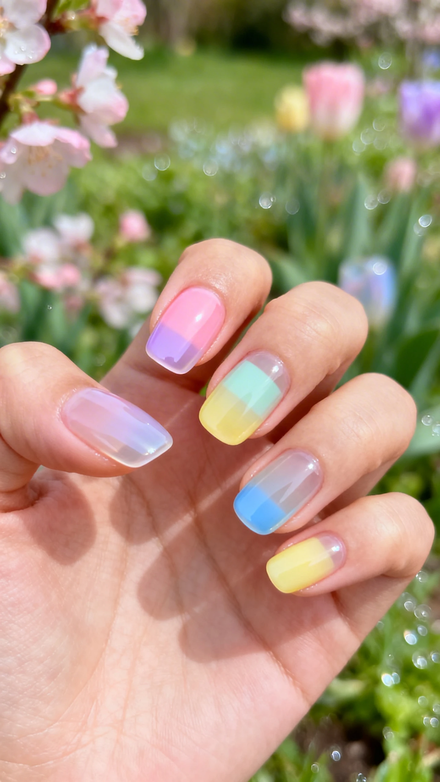 Macro photo of one hand with short to medium rounded/squoval nails showing a glossy, translucent jelly effect. Start with a bonding, rubberized base coat under sheer pastels: baby pink, lavender, mint, butter yellow, sky blue. Each nail features a soft vertical gradient made by overlapping two sheer pastels per nail (e.g., pink blending into lavender, mint into butter yellow, sky blue into mint). Ultra-glossy, glass-like shine, smooth cuticles, natural skin tone. Background: softly blurred spring garden scene with pastel blooms and dewy greenery, matching the color palette. High-resolution, sharp focus on nail curvature and jelly transparency. Modern, Instagram-worthy lighting; no faces, only the hand and nails.