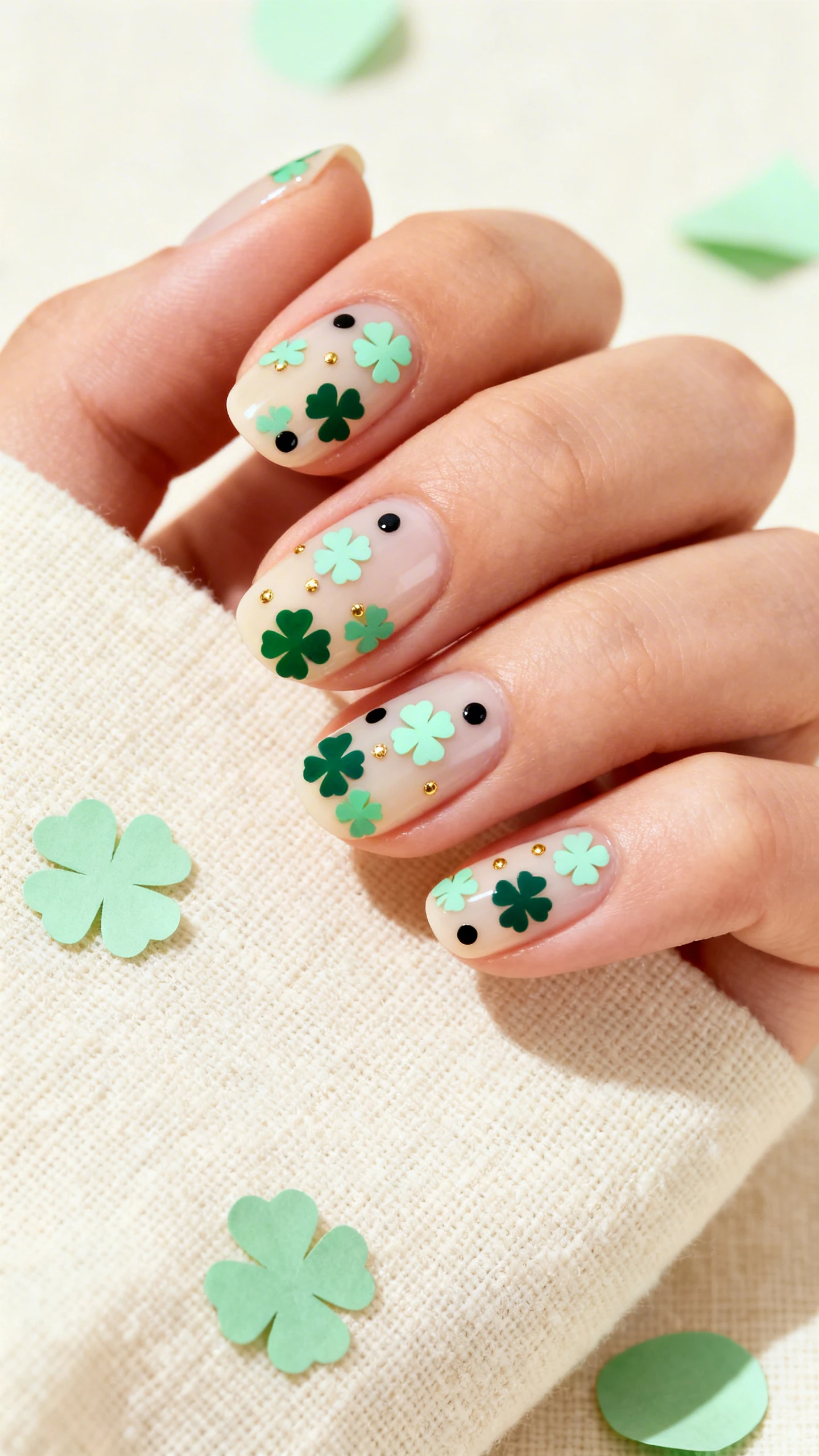Macro photo of one hand with short-to-medium round nails, semi-sheer cream base; scattered micro-shamrocks (3–4 mm) in pastel mint and deep forest green arranged diagonally like a gentle confetti drift; between shamrocks, ultra-tiny matte black dots and gold pin-dots for depth with light-to-moderate spacing; crisp, high-resolution close-up; background: soft cream linen with a few mint-green paper confetti pieces subtly out of focus; modern, bright lifestyle lighting; no faces, focus only on nails and hand.