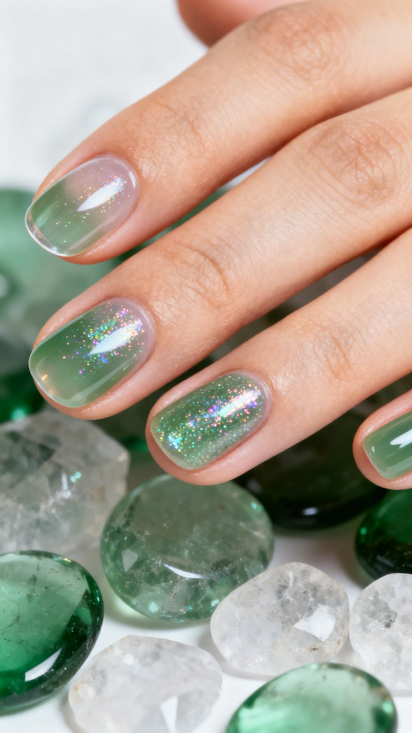 Macro photo of one hand with short to medium rounded/oval nails, built in jelly sandwich layers: clear base, one thin coat of sheer bottle-green jelly, light layer of holographic scattered fine glitter (no chunks), followed by a second coat of the same sheer bottle-green jelly to veil the sparkle, finished with glossy top coat; depthy, “quartz” translucence. High-resolution, razor-sharp detail capturing holographic twinkle within the jelly. Background: translucent green glass stones and clear quartz pebbles with soft studio light for a gemstone vibe. Modern, Instagram-ready composition; no faces, only the hand and nails.
